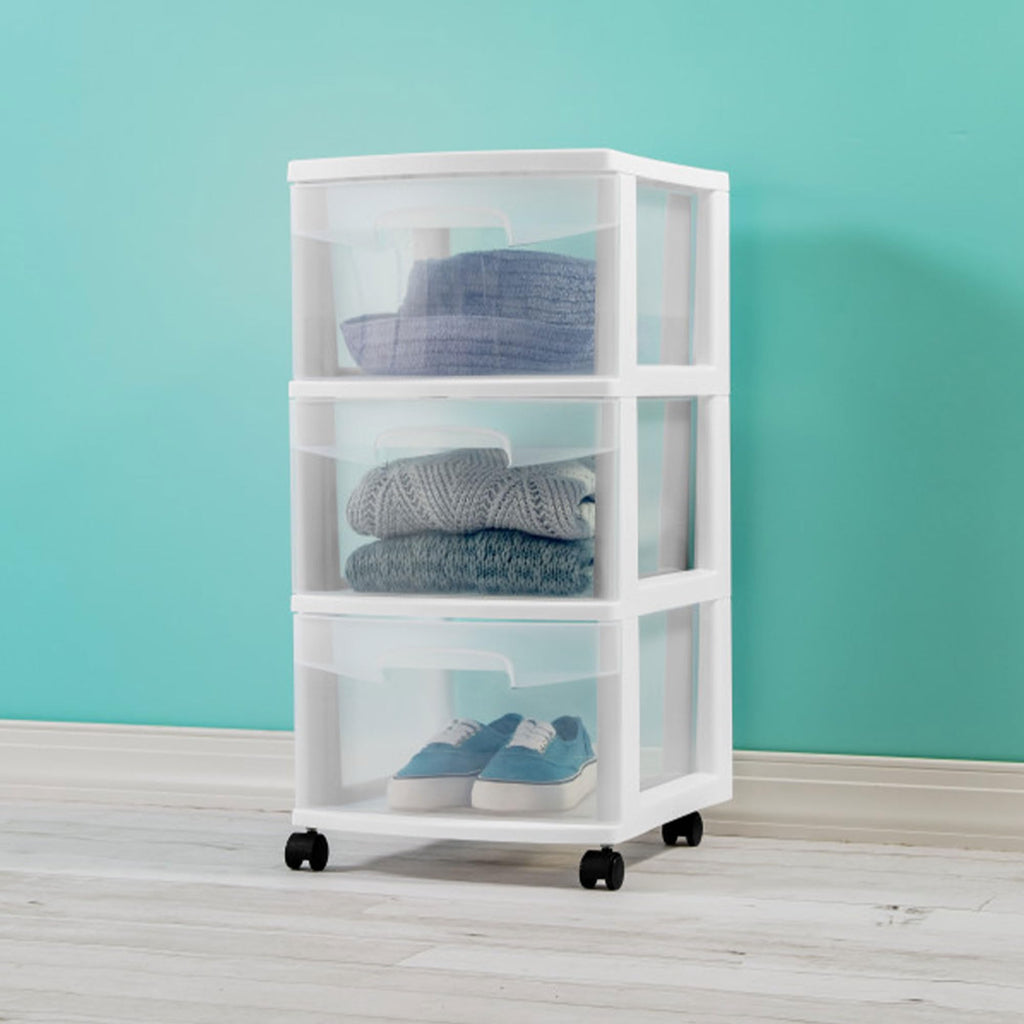 Sterilite 8 Pack Plastic Storage Organizer, 3 Drawer Rolling Bin Cart, Closet Organization, White