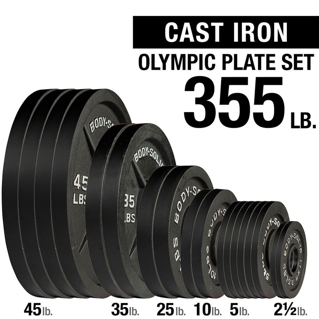 Body-Solid (OSB355) Cast Iron Olympic Weight Plate Set, Free Weights Dumbbell Plates with 2 Inch Standard Hole for All Olympic Barbell Types, 355 lb Total Weight Sets, Black