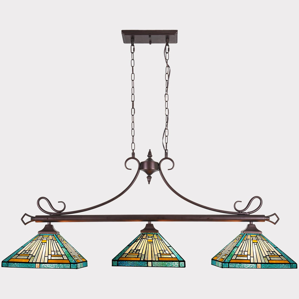 Capulina Tiffany Lamp Stained Glass Pool Table Light Chandelier 3-Lights 12 Inches Wide Amber Green Antique Mission Tiffany Style Pendant Light for Dining Room Kitchen Island Pool Table Hall Farmhouse
