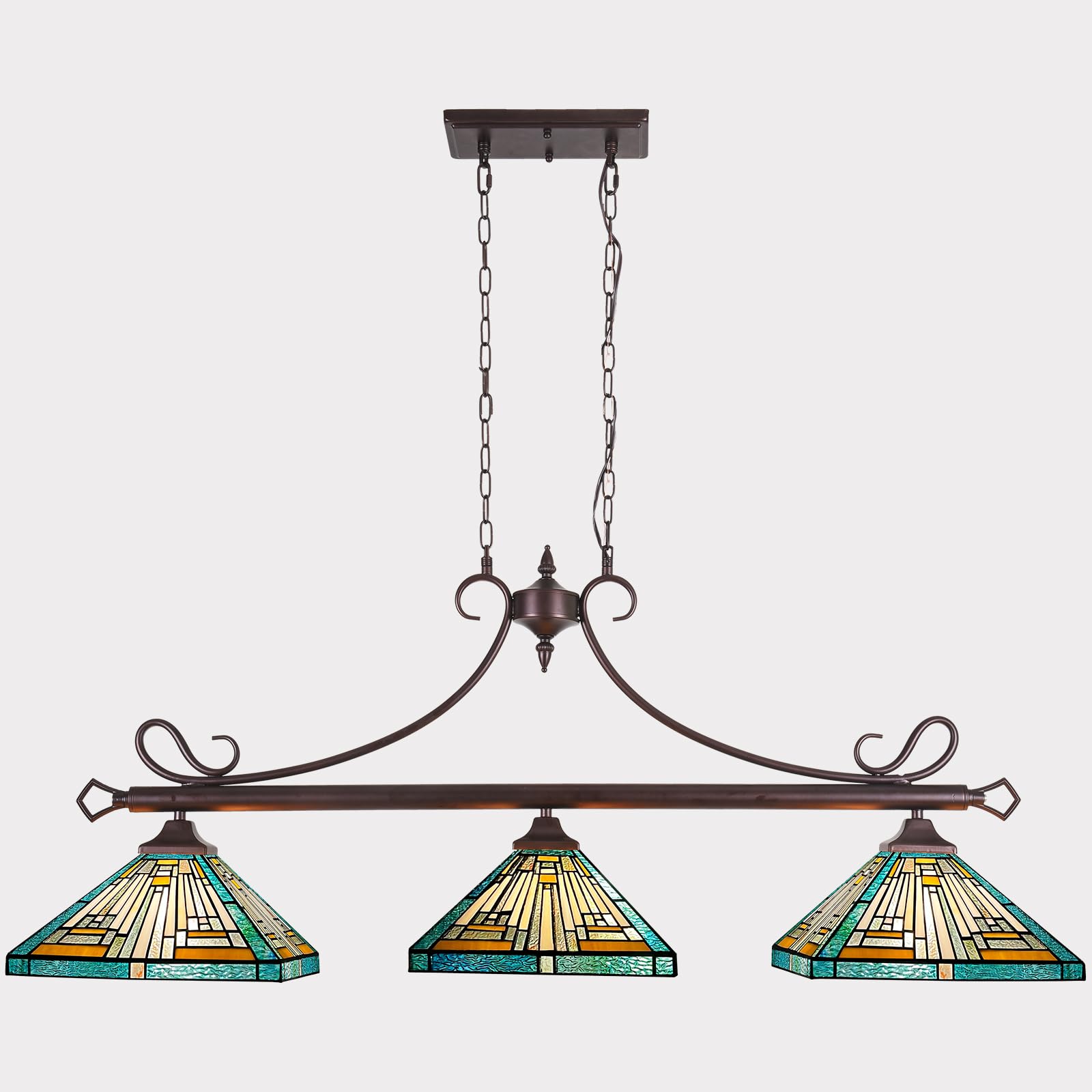 Capulina Tiffany Lamp Stained Glass Pool Table Light Chandelier 3-Lights 12 Inches Wide Amber Green Antique Mission Tiffany Style Pendant Light for Dining Room Kitchen Island Pool Table Hall Farmhouse