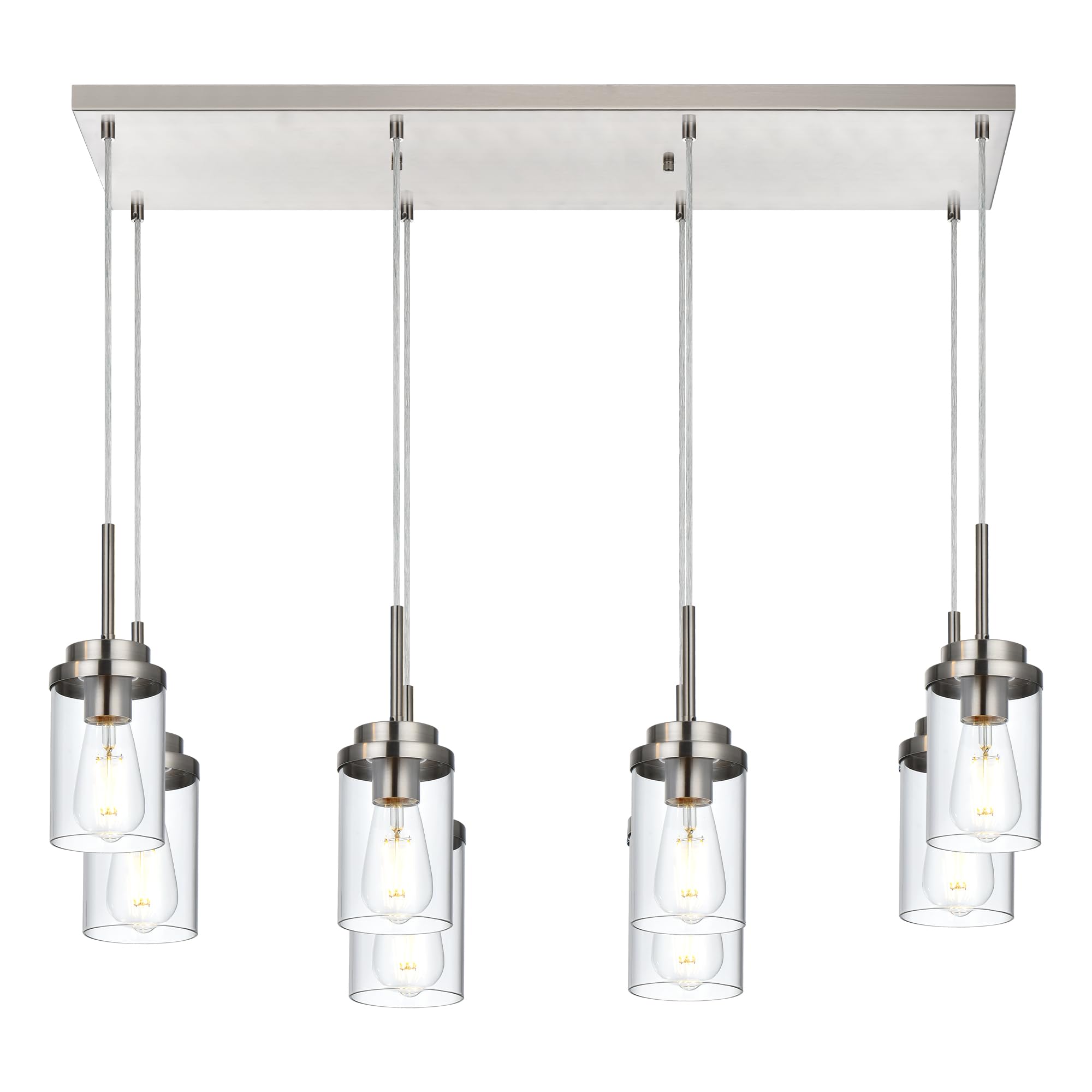 BONLICHT 8 Light Farmhouse Chandelier for Dining Room, Modern Industrial Foyer Linear Pendant Light Traditional Brushed Nickel Kitchen Island Lighting Fixture Hanging Ceiling Lights with Clear Glass