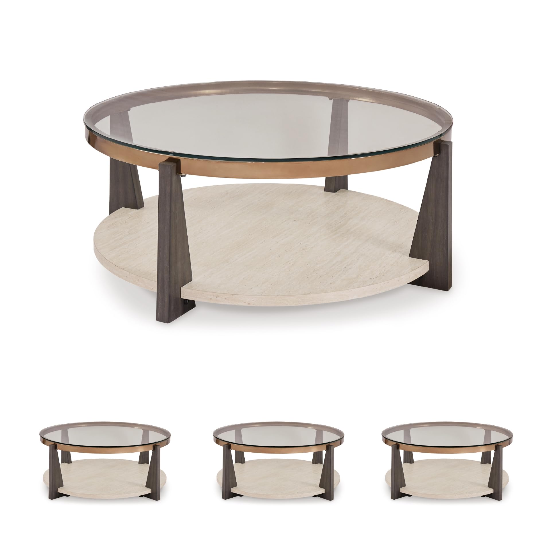 Signature Design by Ashley Frazwa Round Glasstop Coffee Table, Gray/Brown/Gold