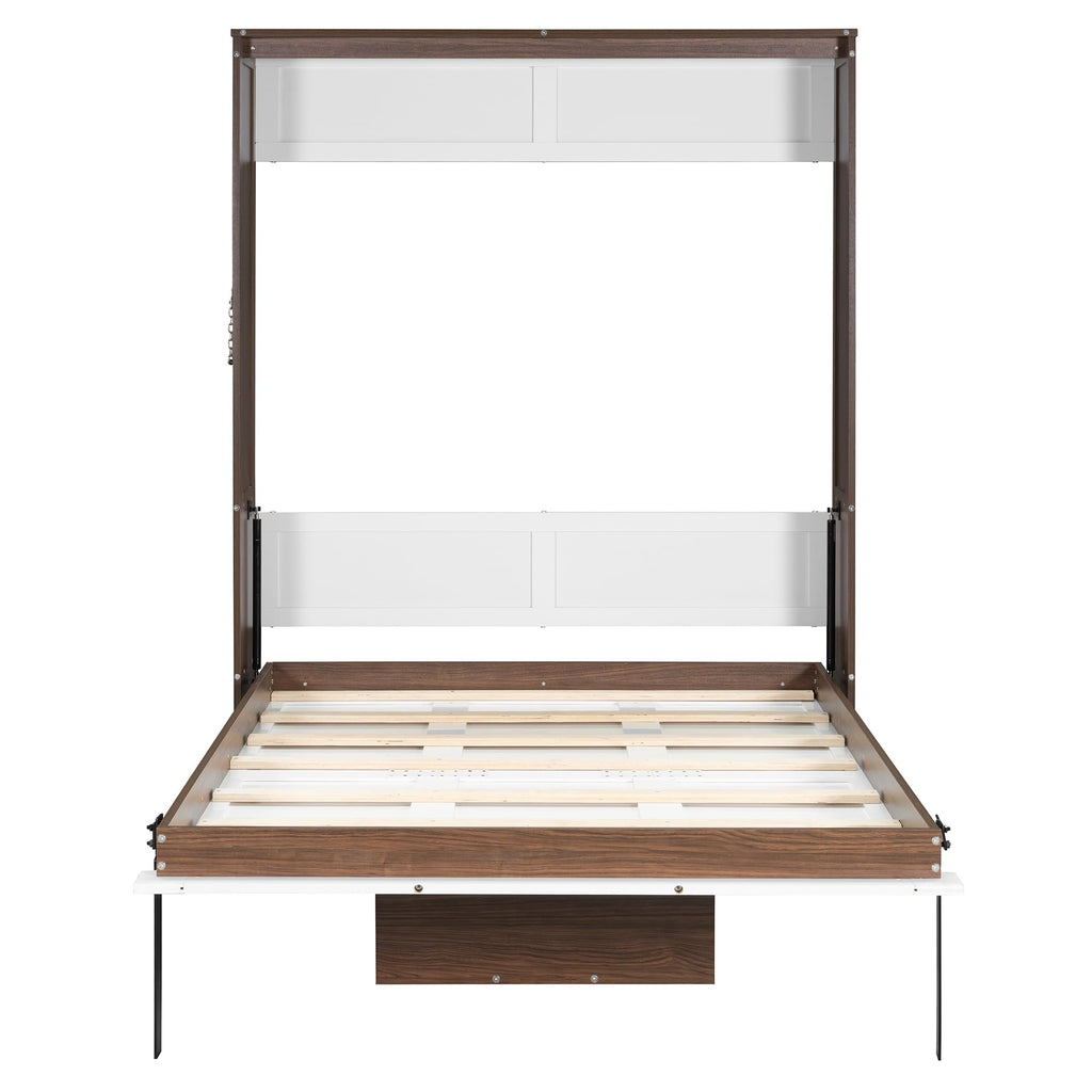 Merax Full Size Murphy Bed with Foldable Desk,Space Saving Wall Bed,Solid Wood Foldable Hidden Platform Bedframe for Home,Bedroom,Office,Small Room,Apartment,Walnut+White