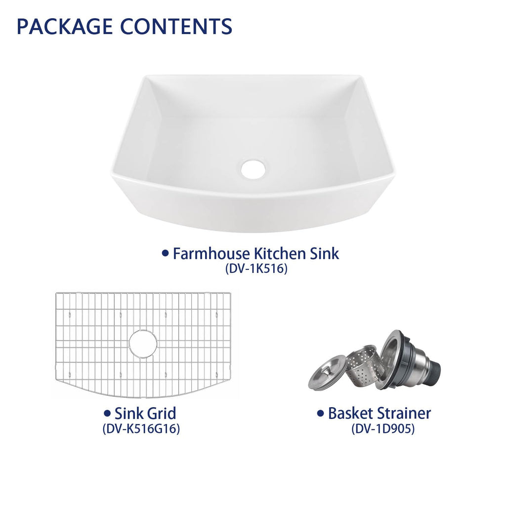 DeerValley Farmhouse Kitchen Sink 33 inch, White Fireclay Apron Front Farm Sinks, Single Bowl Deep Drop In Undermount Sink with Grid and Basket Strainer, Easy to Clean