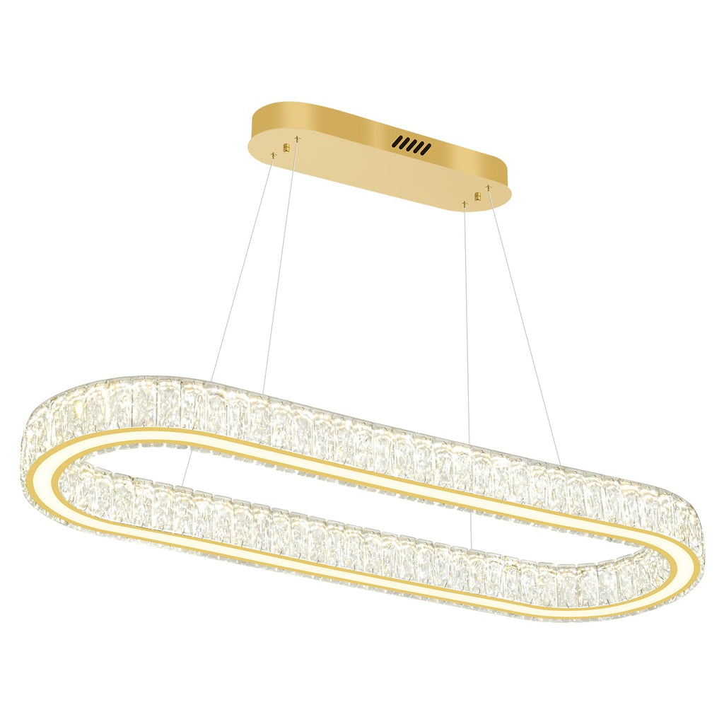IDEQUY Gold 40in Crystal Ring Chandeliers for Dining Room Dimmable Linear Oval Crystal Ring Pendant Light for Kitchen Island 1 Linear Chandelier LED Acrylic Pendant Lighting