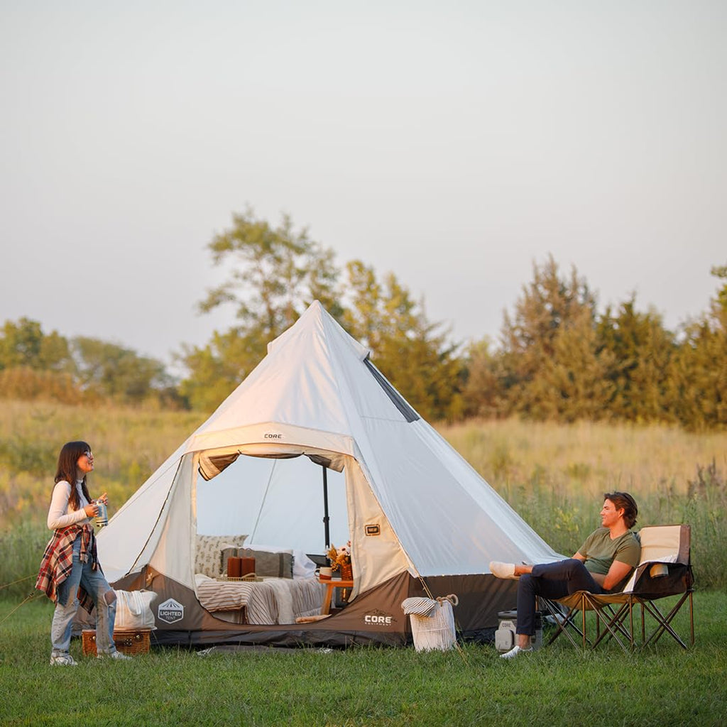 CORE 6 Person Bell Tent with LED Lights | Spacious Family Lighted Tent with Carry Bag for Camping, Glamping, and Backyard Adventures