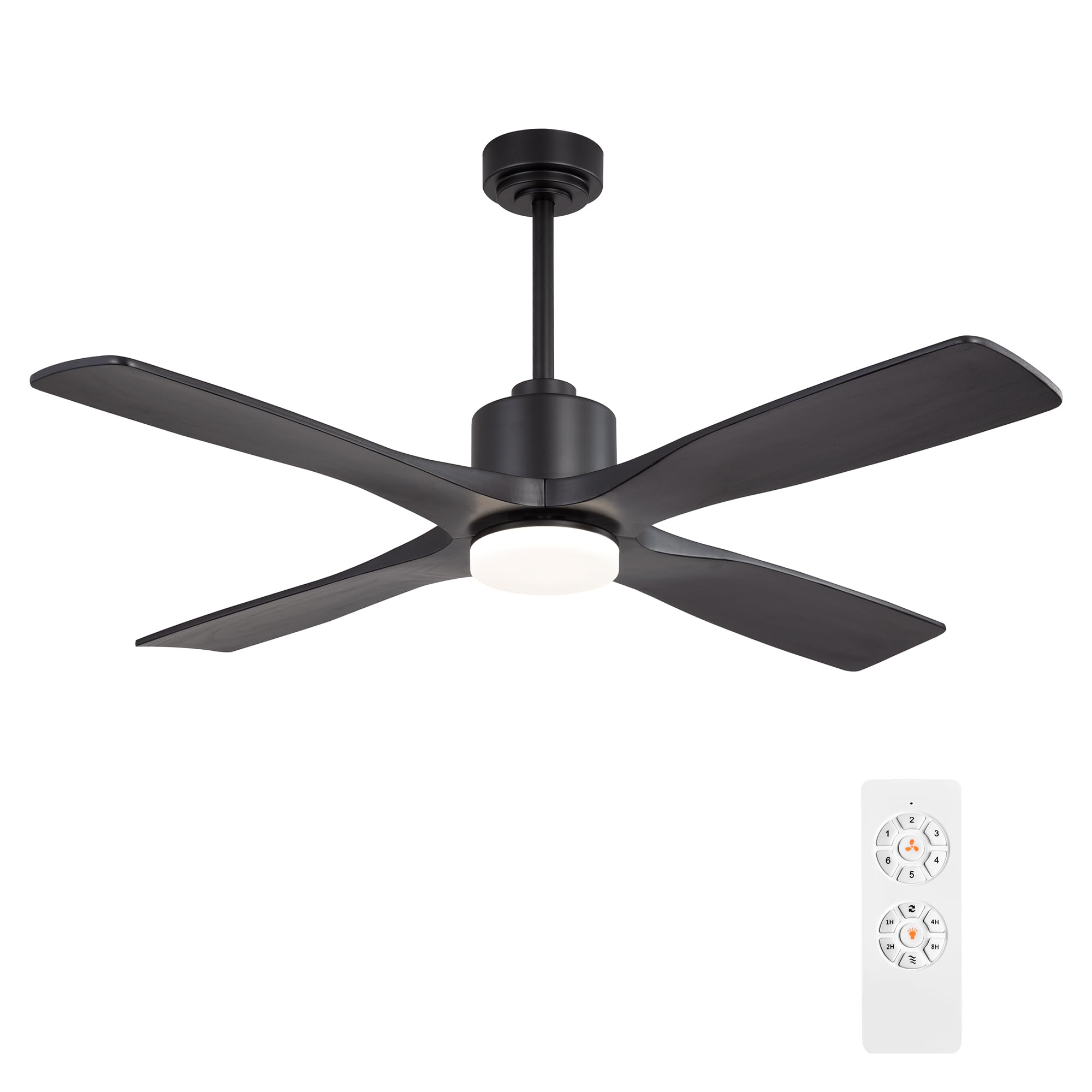 WINGBO 54 Inch DC Ceiling Fan with Lights and Remote Control, 4 Carved Solid Wood Blades, 6-Speed Noiseless Reversible DC Motor, Modern Ceiling Fan in Matte Black Finish with Black Blades