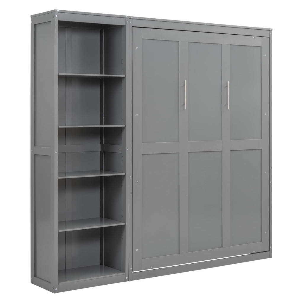 KTATK Full Size Murphy Bed with Five-Layer Cabinet,Solid Wood Storage Hidden Wall Beds Frame,W/Dual Piston Metal Folding Mechanism Designed,Space-Saving,for Home Office,Study,Guest Room,Gray