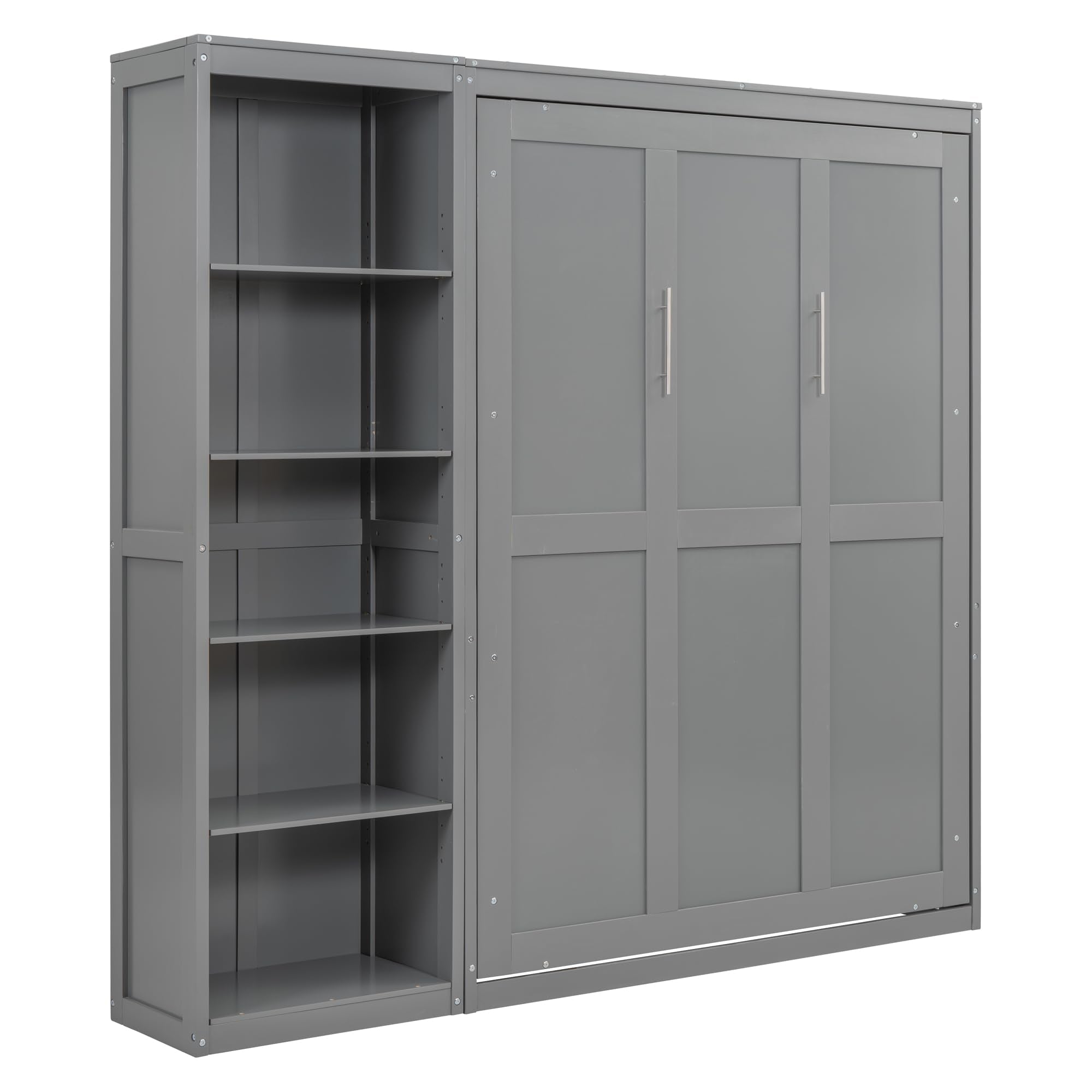 KTATK Full Size Murphy Bed with Five-Layer Cabinet,Solid Wood Storage Hidden Wall Beds Frame,W/Dual Piston Metal Folding Mechanism Designed,Space-Saving,for Home Office,Study,Guest Room,Gray