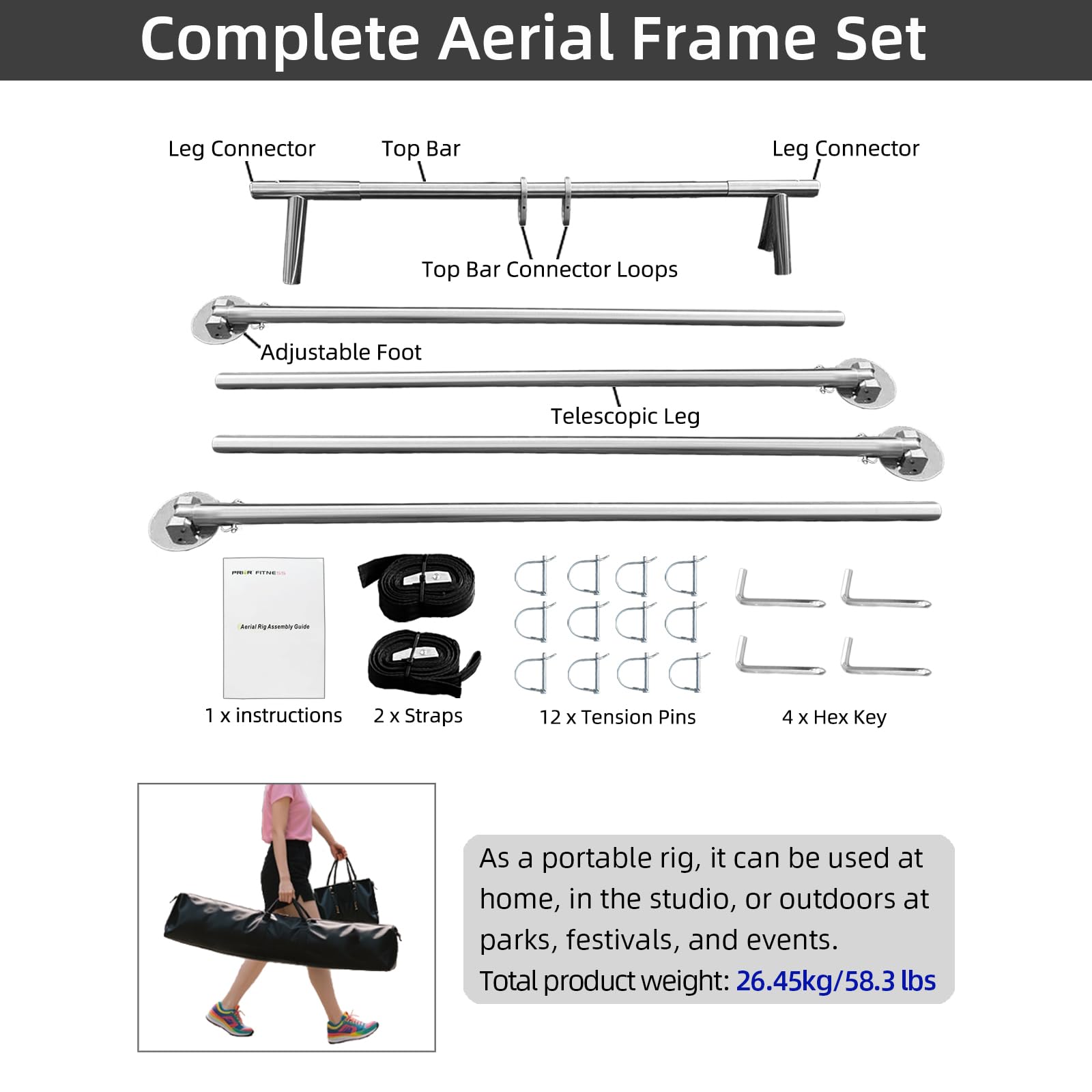 PRIOR FITNESS Aerial A-Frame Rig Set, CE & SGS Certified 730kgs/1610 lbs Capacity Aerial Yoga Stand W/Carrying Bag, for Hammocks, Silks & Hoops,Portable & Adjustable 5-11ft,Trapeze Swing Stand Frame