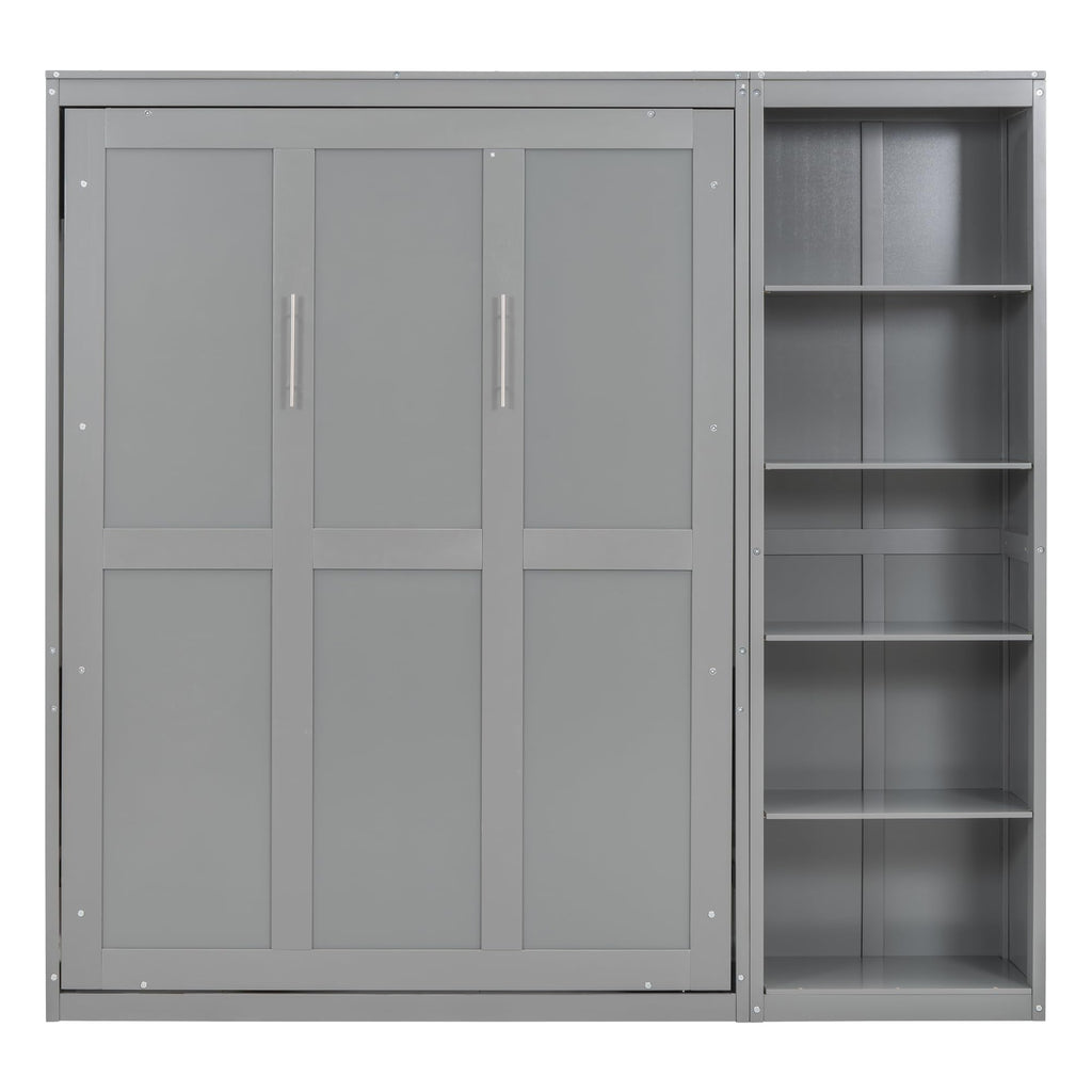 KTATK Full Size Murphy Bed with Five-Layer Cabinet,Solid Wood Storage Hidden Wall Beds Frame,W/Dual Piston Metal Folding Mechanism Designed,Space-Saving,for Home Office,Study,Guest Room,Gray