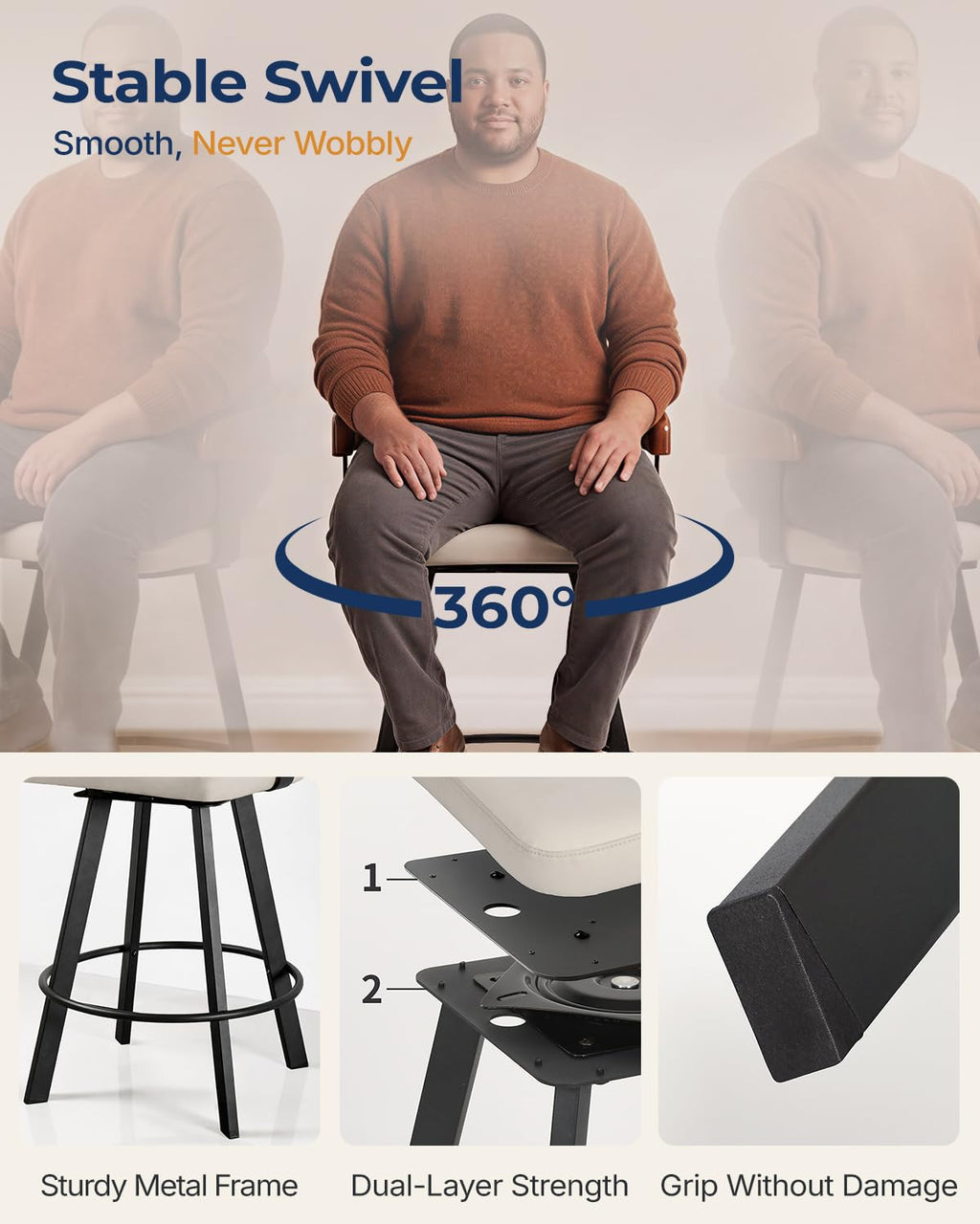 FORSPARK 350 lbs Capacity Bar Stools with Back and Cushion 26" Swivel Counter Height Bar Stools with Solid Wood Back Modern Kitchen Island Chairs with Metal Frame 360°Barstools Dining Room Grey Black