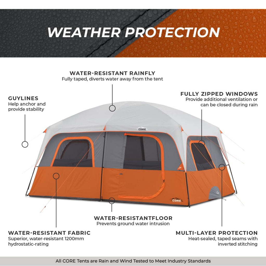 CORE 10 Person Tent | Large Multi Room Family Cabin Tent with Carry Bag for Outdoor Car Camping | Included Gear Loft Organizer for Camping Accessories