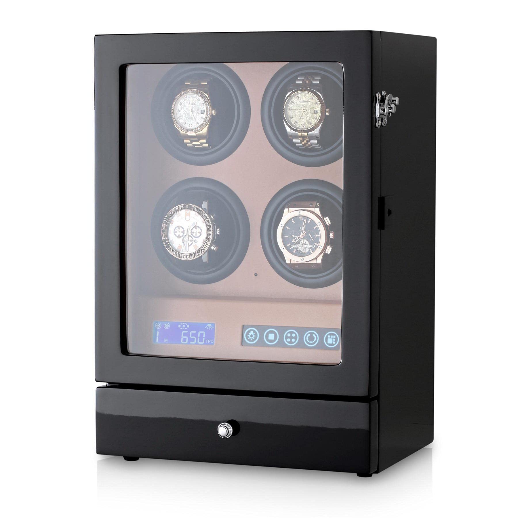 Automatic Watch Winder with LED Light, Storage Drawer and LCD Touchscreen Control (Black + Brown)