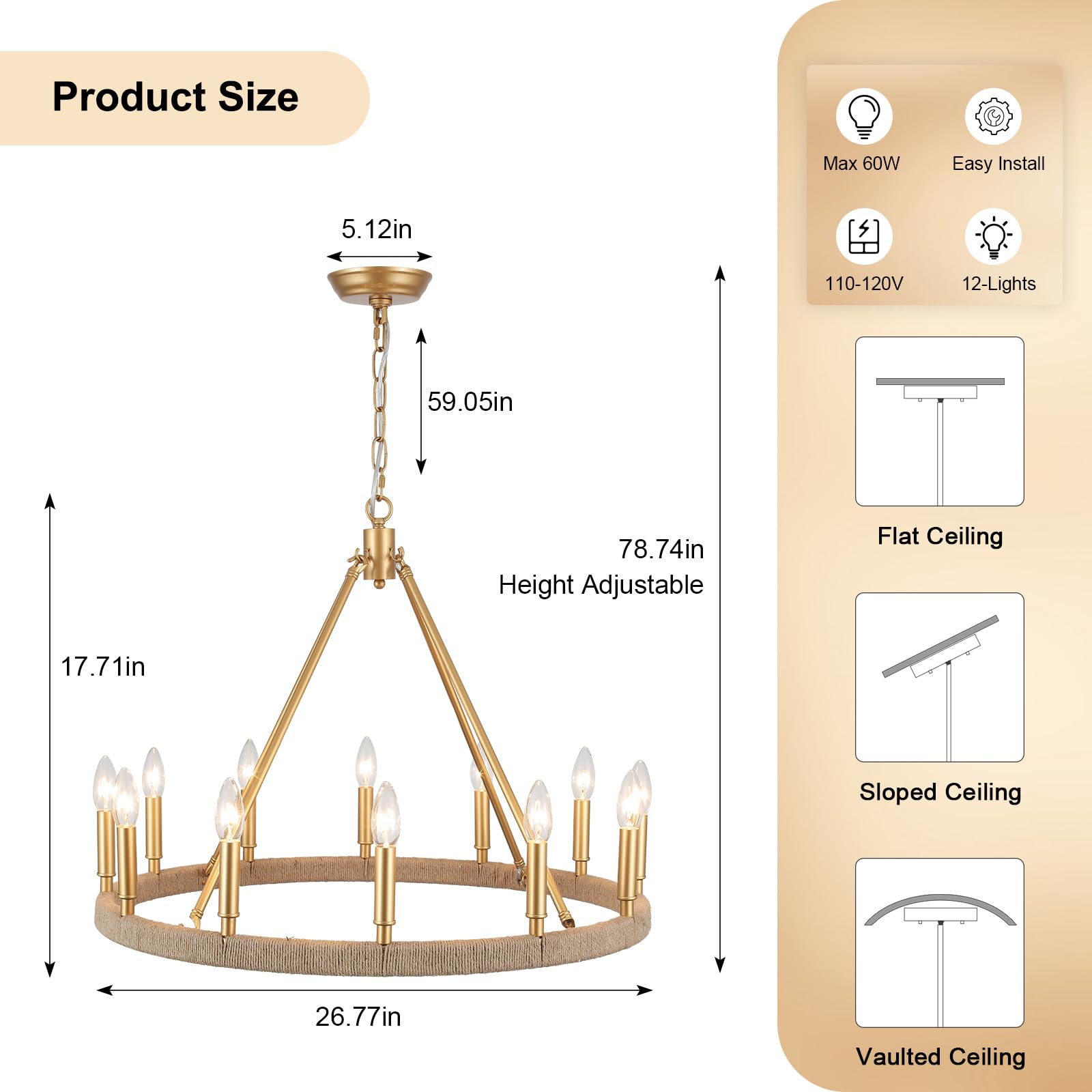 ZJVAIVE 12-Lights Gold Wagon Wheel Chandelier 26.77" Large Gold Farmhouse Chandelier Vintage Circle Light Fixture for Dining Room Kitchen Island Height Ceiling Living Room