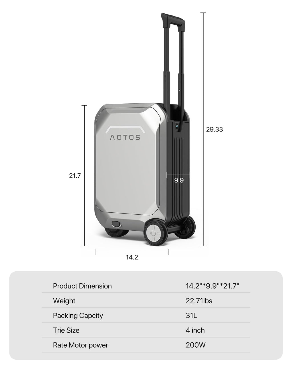AOTOS Smart Rideable luggage-Roller carry-on luggage 22x14x9-TSA,Airline-Approved 22 inch Hardshell,Zipperless Travel Suitcase with Rolling Wheels,App Control-Cabin Suitcase for Airport Travel(Silver)