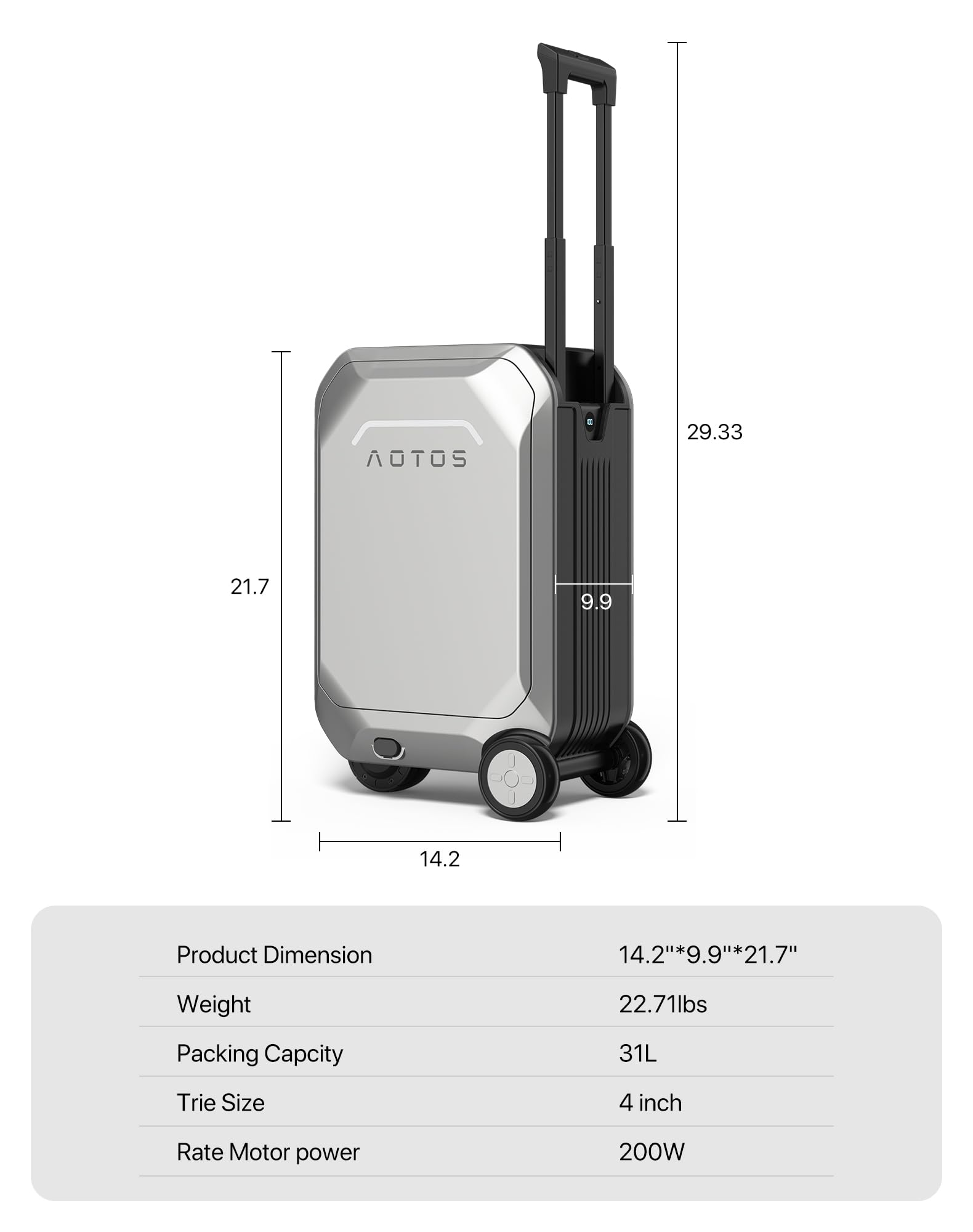 AOTOS Smart Rideable luggage-Roller carry-on luggage 22x14x9-TSA,Airline-Approved 22 inch Hardshell,Zipperless Travel Suitcase with Rolling Wheels,App Control-Cabin Suitcase for Airport Travel(Silver)