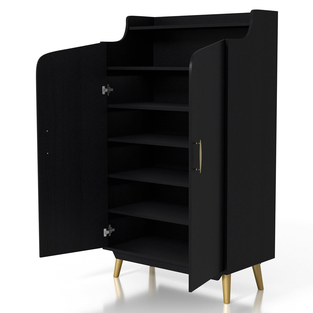 24/7 Shop at Home Ansel Mid-Century Modern 2-Door Storage Wood 32 in. Shoe Cabinet with Adjustable Shelves for Entryway, Hallway, Black
