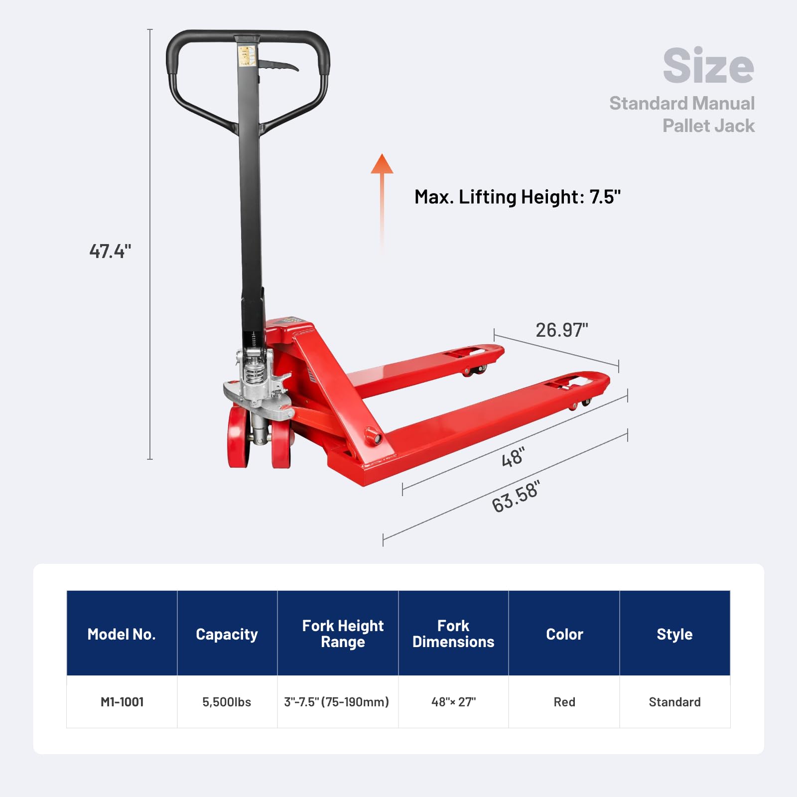 NORTHSKY Manual Pallet Jack – Standard Duty Manual Forklift, 5500 lbs Capacity, 48" L x 27" W Forks, Durable PU Wheels, Warehouse & Factory Use