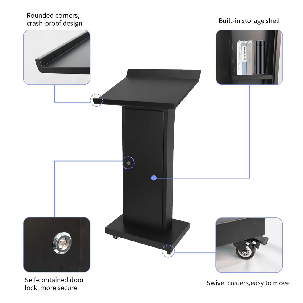 BERPET Podium Stand with 4 Locking Wheels, Lecterns & Podiums for Church School Office Conference Home, Heavy Duty Metal, Large Storage Area, Slant Desktop, 50.4" H