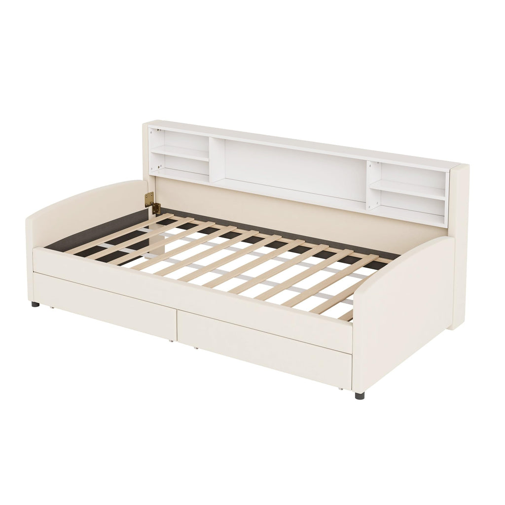 Merax Twin Size Upholstered Platform Bed with Storage and Drawers, Beige