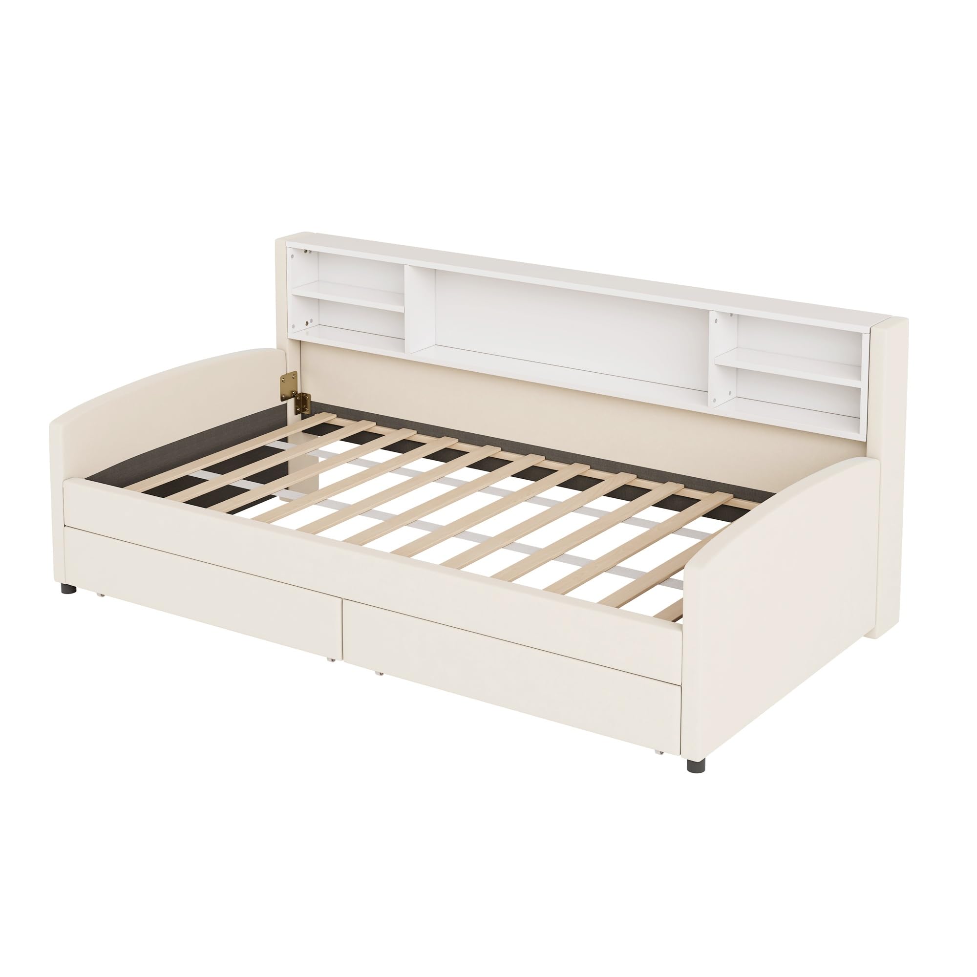 Merax Twin Size Upholstered Platform Bed with Storage and Drawers, Beige