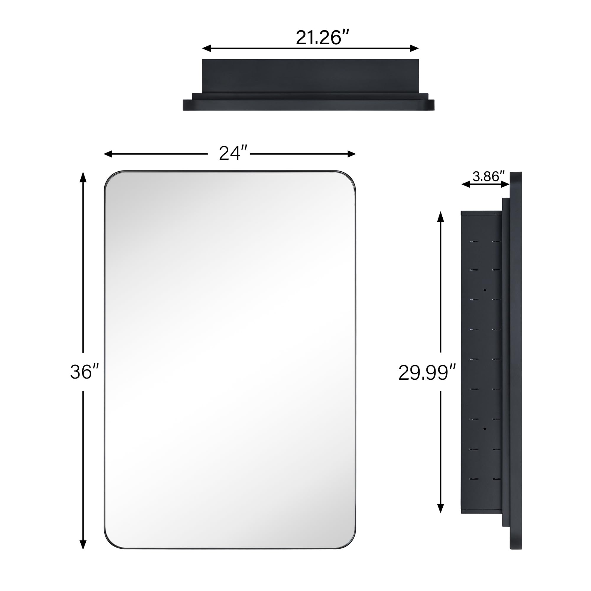EGHOME Matt Black Rectangle Recessed Bathroom Medicine Cabinet with Mirror Stainless Steel Metal Framed Rounded Rectangular Bathroom Cabinet with Mirror 24x36''