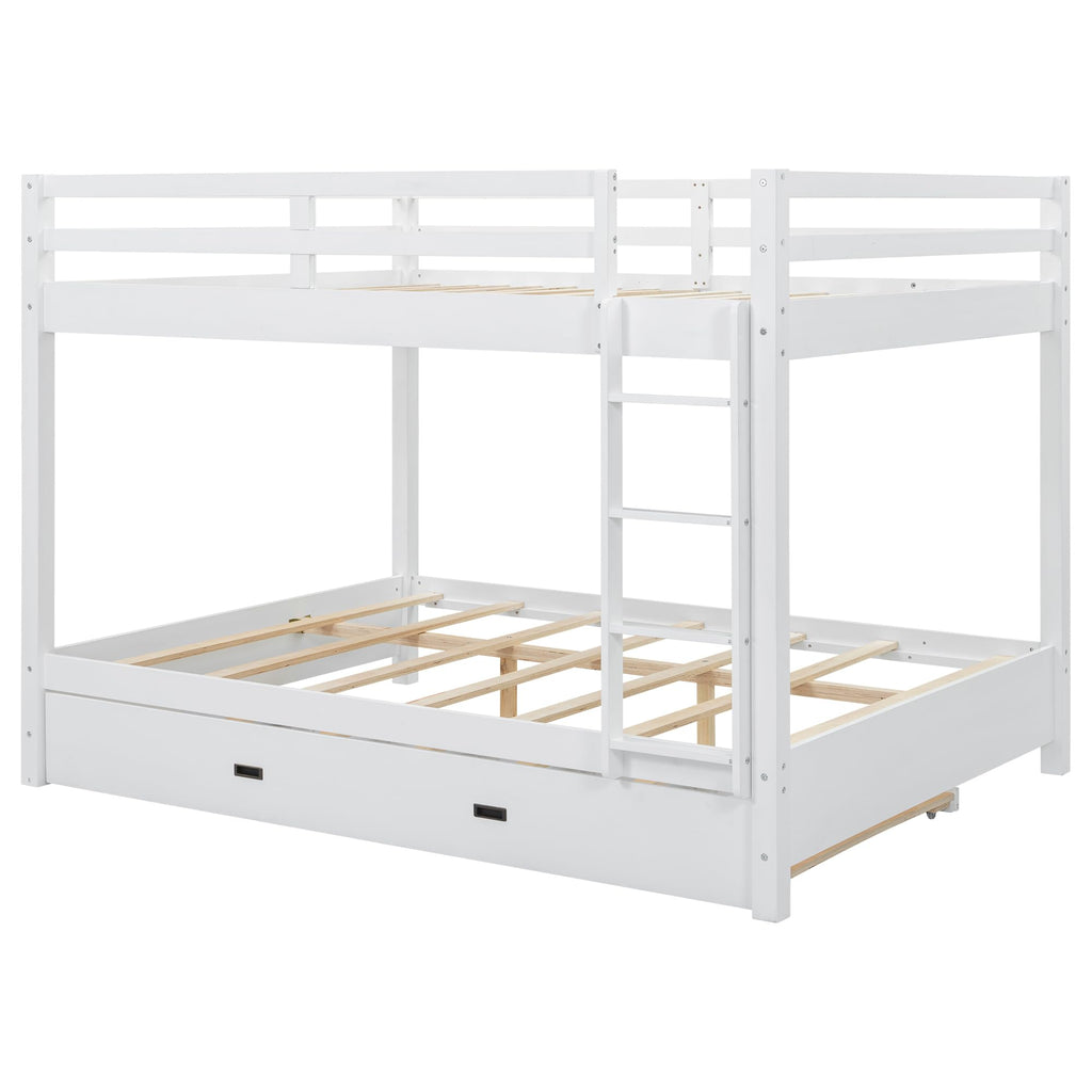 Merax Modern Queen Over Queen Size Wood Bunk Bed with Ladder and Twin XL Trundle, No Box Spring Required, Space-Saving, White