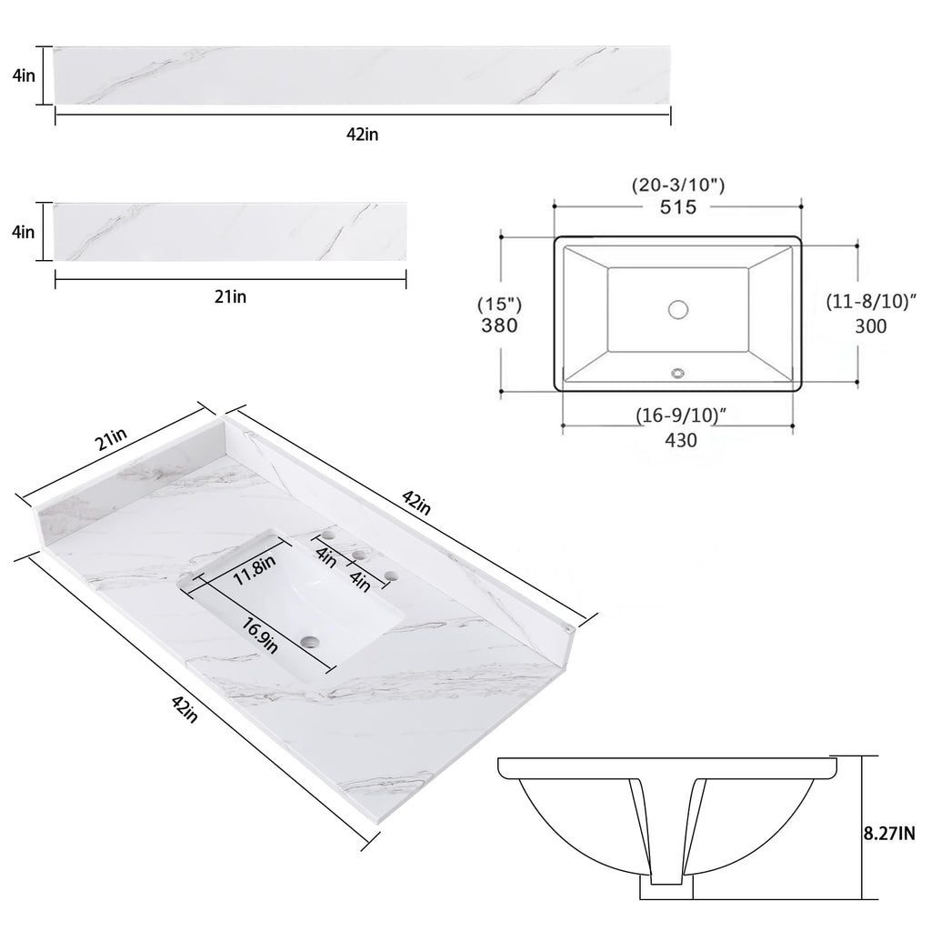 Dornberg 42"x22" Quartz Ocean White Bathroom Vanity Top, with Undermount Middle Sink Vanity Top,with One Sidesplash & One Backsplash,8 Inch Faucet Hole Spread Bathroom Vanity Sink Countertop