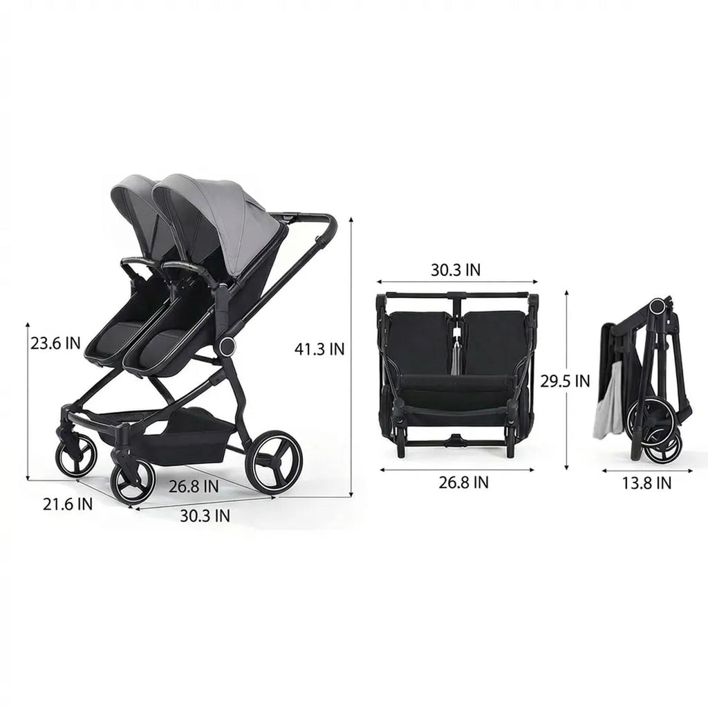 TALENBEEN Double Stroller for Infant and Toddler, Lightweight Side by Side Twin Baby Stroller, 26.8" Slim Design Fits Doors, Compact Foldable Travel Stroller, Independent Recline, Gray