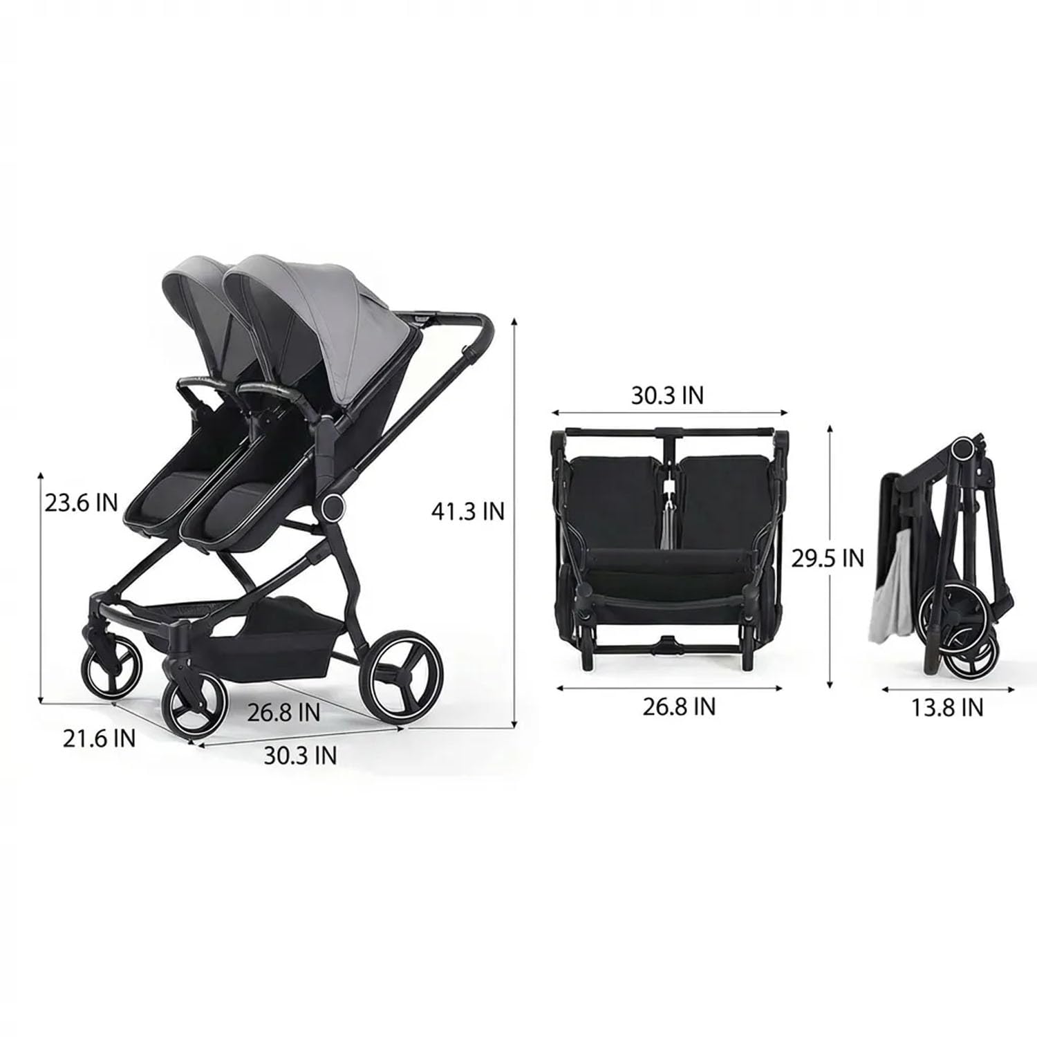 TALENBEEN Double Stroller for Infant and Toddler, Lightweight Side by Side Twin Baby Stroller, 26.8" Slim Design Fits Doors, Compact Foldable Travel Stroller, Independent Recline, Gray