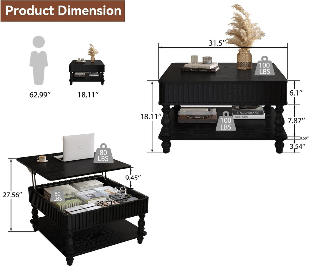 KEIKI 31.5" Square Lift Top Wood Coffee Table with Hidden & Open Storage,Hydraulic Raising Mechanism for Living Room