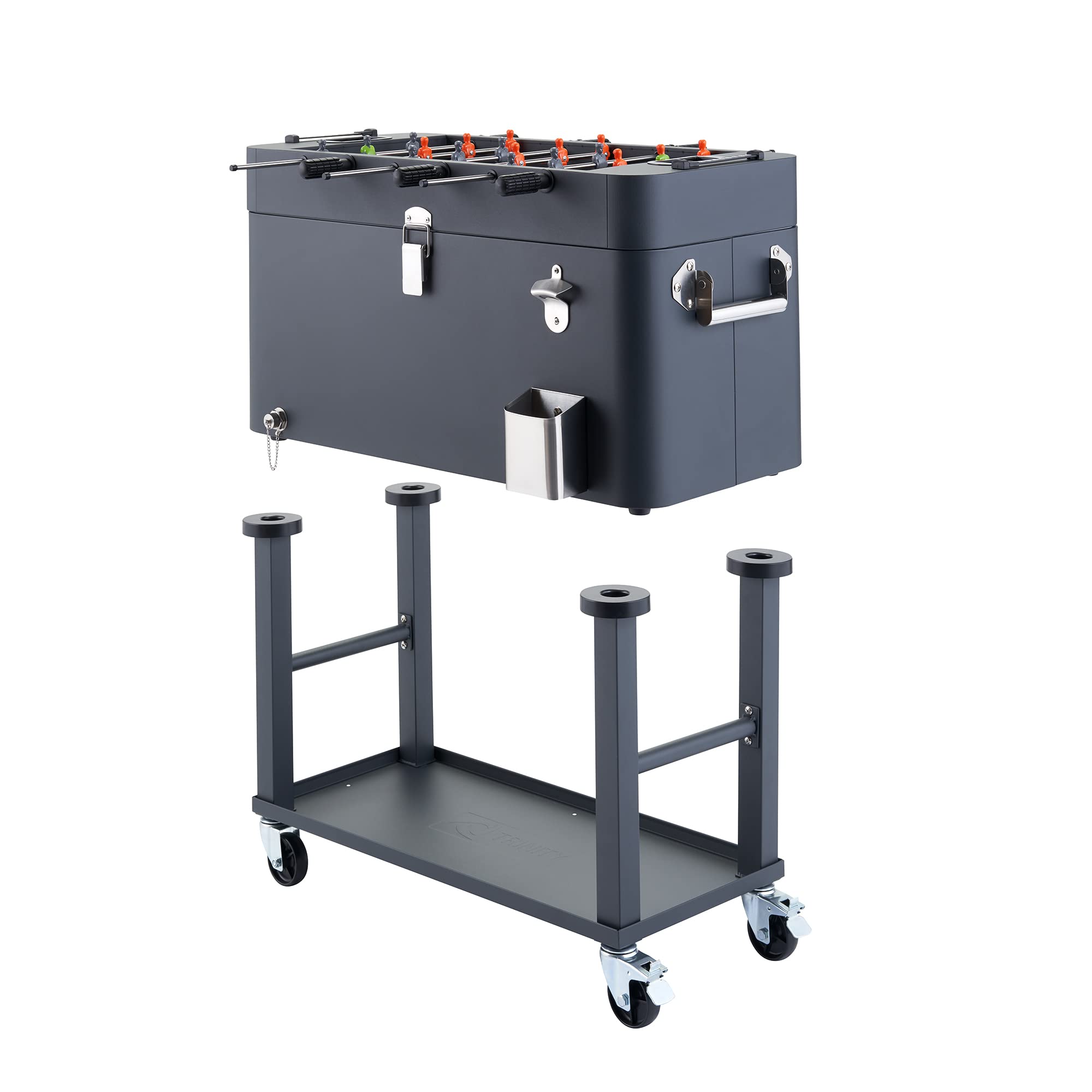 TRINITY 80 Quart Beverage Cooler and Ice Chest with Foosball Table Top and Bottle Opener, Rolling Cart and Storage Shelf, Detachable Tub, 96 Can Capacity, Includes Protective Cover, Charcoal Gray