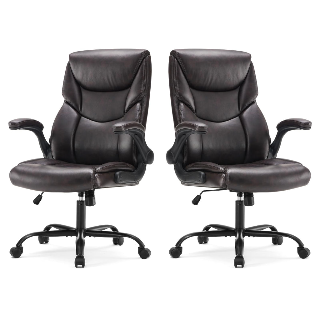 Sweetcrispy Ergonomic Computer Gaming Office Chair Set of 2, Heavy Duty Task Desk Swivel Rolling Chairs with Wheels, Flip-up Arms, Adjustable Height, PU Leather,Dark Brown