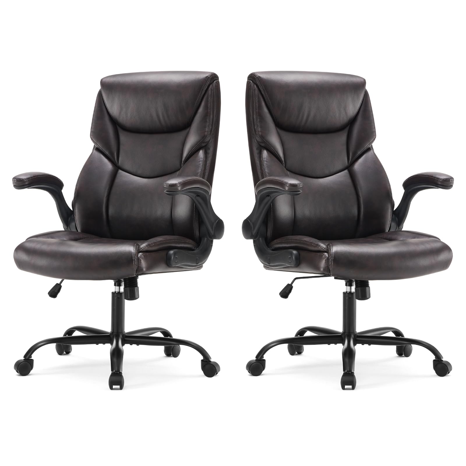 Sweetcrispy Ergonomic Computer Gaming Office Chair Set of 2, Heavy Duty Task Desk Swivel Rolling Chairs with Wheels, Flip-up Arms, Adjustable Height, PU Leather,Dark Brown