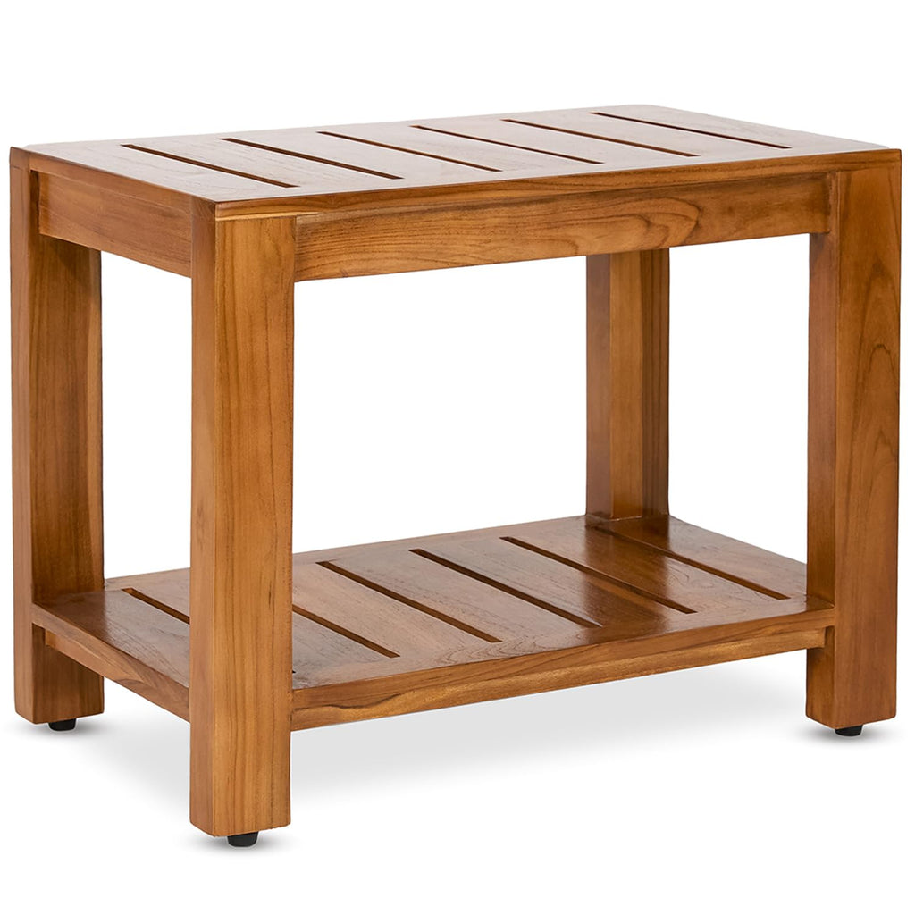 TeakCraft Teak Shower Bench with Shelf, 24” Wide, Shower Stool, Fully Assembled Bathroom Shower Seat, Water-Resistant Spa Bath Bench for Shower, Bathroom & Entryway, The Tara