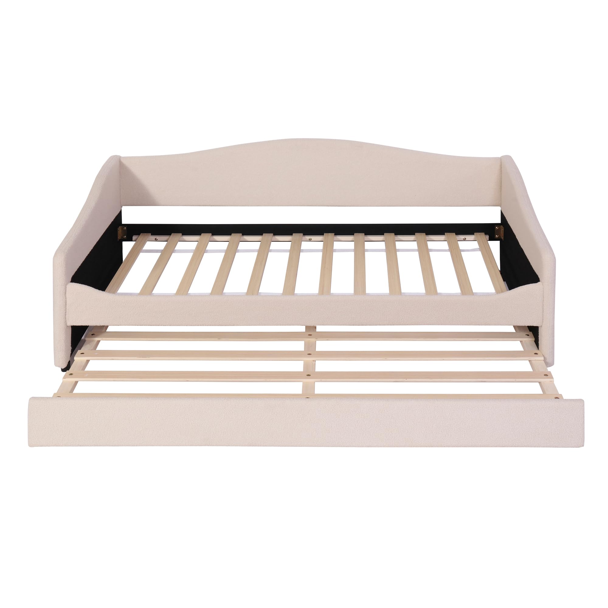 Twin Size Teddy Fleece Upholstered Daybed with Trundle and LED Lights, Daybed Frame with Stripe Design, Soft Fabric Sofa Bed with Slat Support, Space Saving Bed for Bedroom Living Room, White