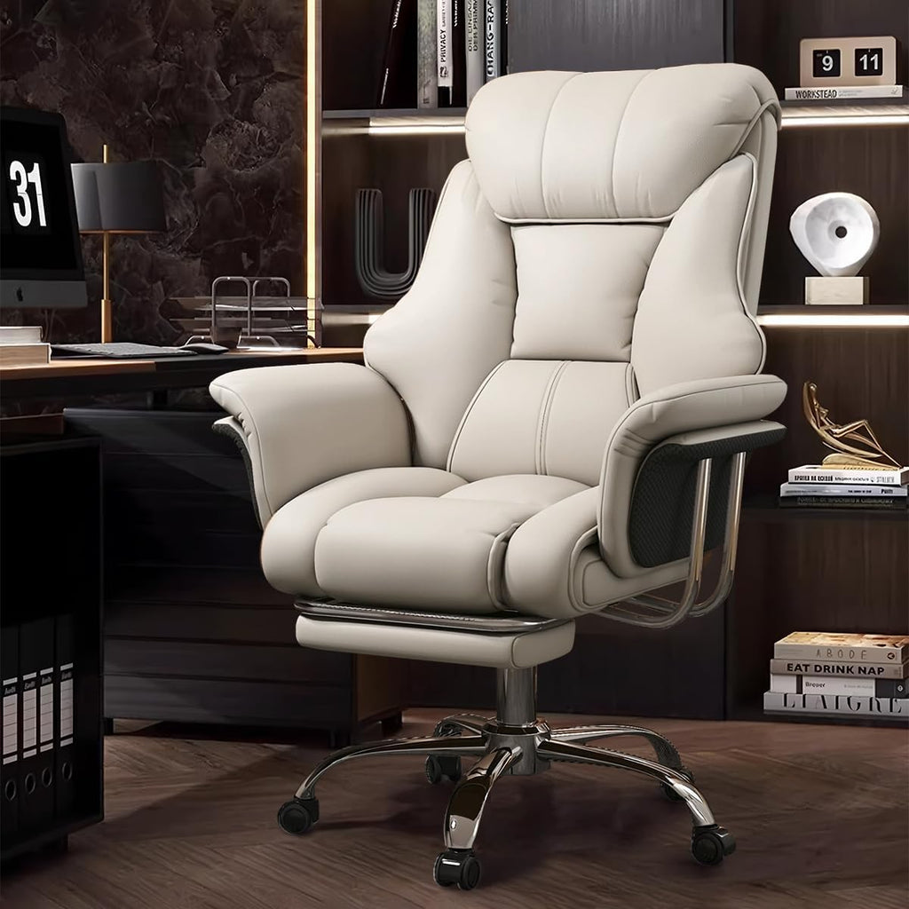 Executive High-Back Office Chair, Beige PU Leather, 550 Lbs Capacity, Retractable Footrest, Swivel with Chrome Base
