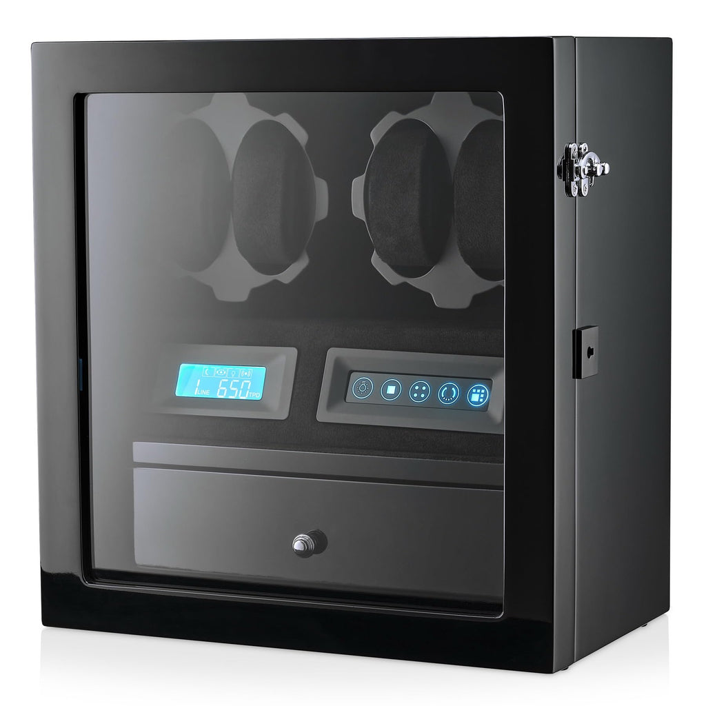 4 Watch Winder with 5 Watch Storage Space, LCD Display, Touch Control and Interior Light (Black + Black)