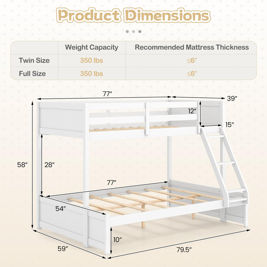 KOMFOTT Twin Over Full Bunk Bed, Pine Bed Frame with 3-Step Ladder, Full-Length Guardrails & 21 Wooden Support Slats, Solid Wood Bunk Bed for Teens, Kids, Adults, Dorms and Apartments (White)