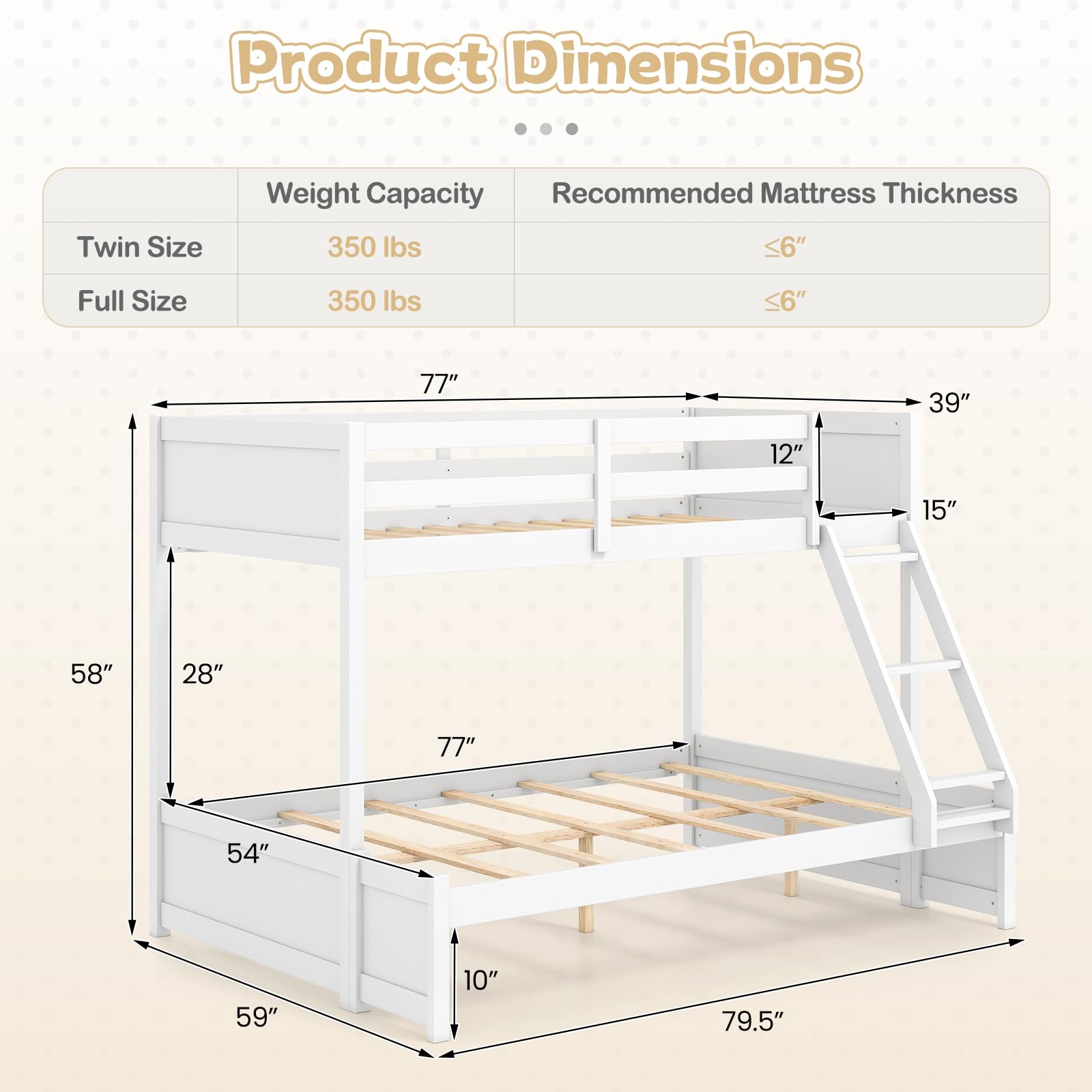 KOMFOTT Twin Over Full Bunk Bed, Pine Bed Frame with 3-Step Ladder, Full-Length Guardrails & 21 Wooden Support Slats, Solid Wood Bunk Bed for Teens, Kids, Adults, Dorms and Apartments (White)