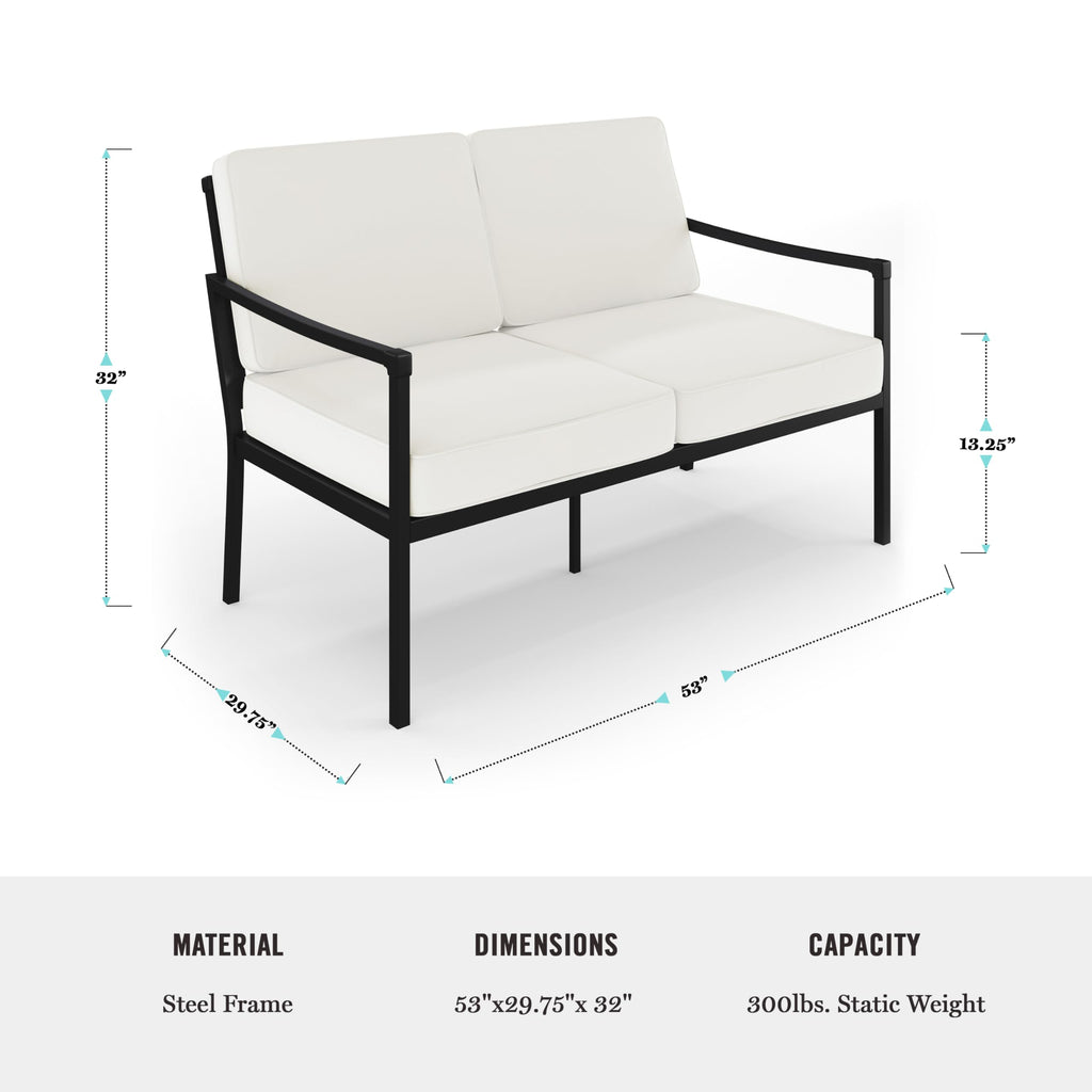 Martha Stewart Lily Pond All-Weather Patio Loveseat with Elevated Backrest Design and Steel Frame in Black with Cream Cushions