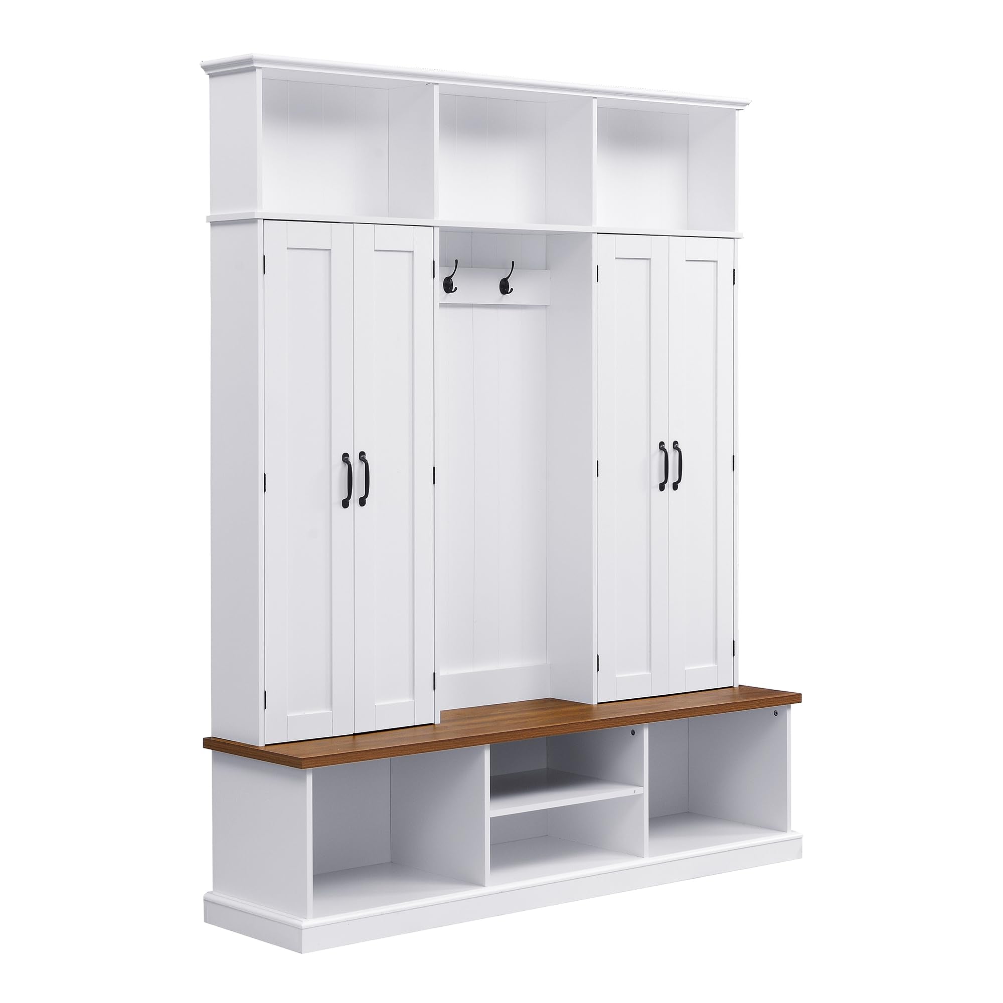 Amposei Farmhouse Hall Tree with Storage Cabinet & Shoe Bench, 78.7''H Tall Entryway Storage Organizer with 4 Doors, 7 Open Cubbies & 6 Coat Hooks for Hallway Mudroom Living Room, White