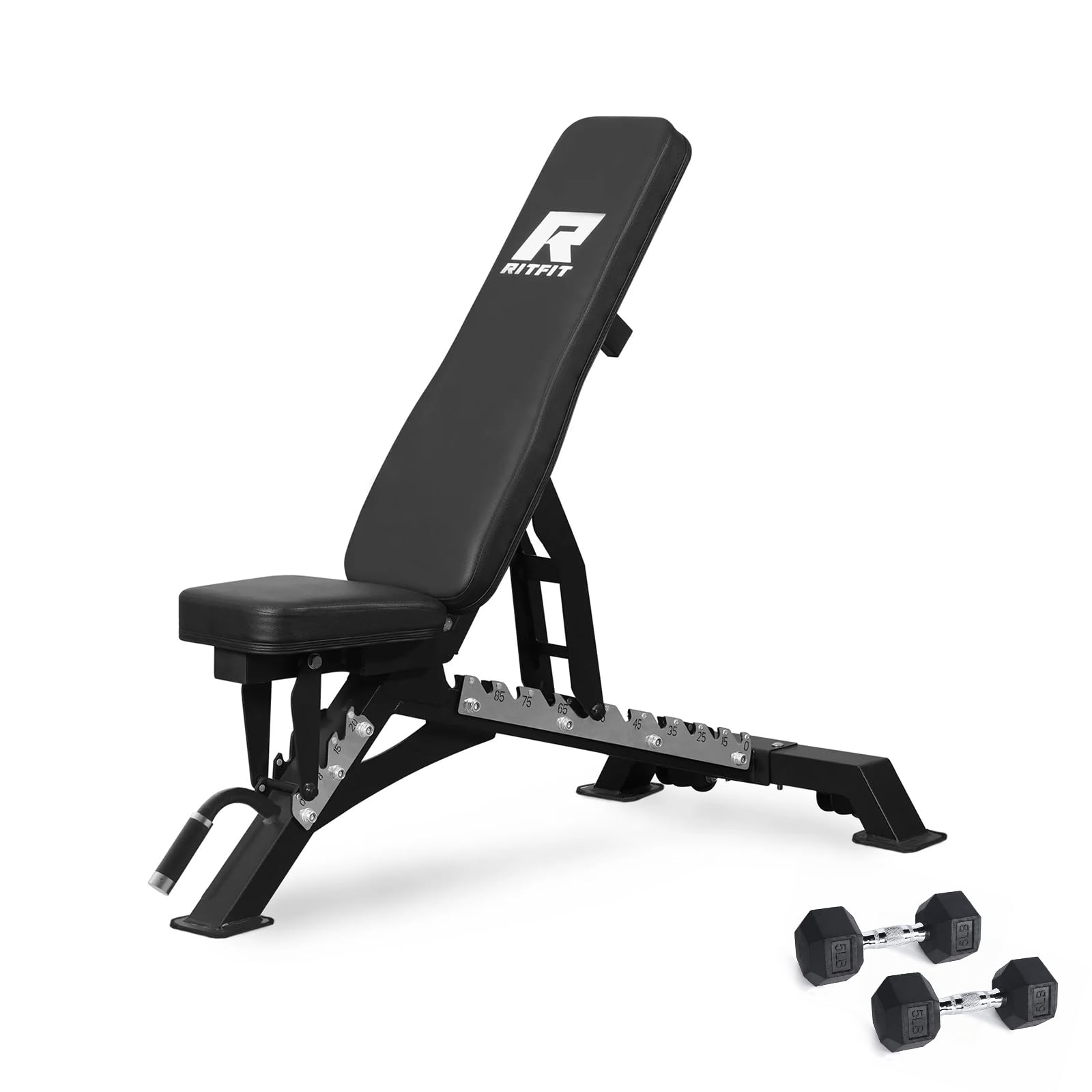 RITFIT Adjustable Weight Bench with Multiple Back Positions for Full Body Workouts, Incline, Decline, and Flat Settings for Home Gym Strength Training, 1300LB Capacity (Black,with 2x5lb rubber dumbbells)