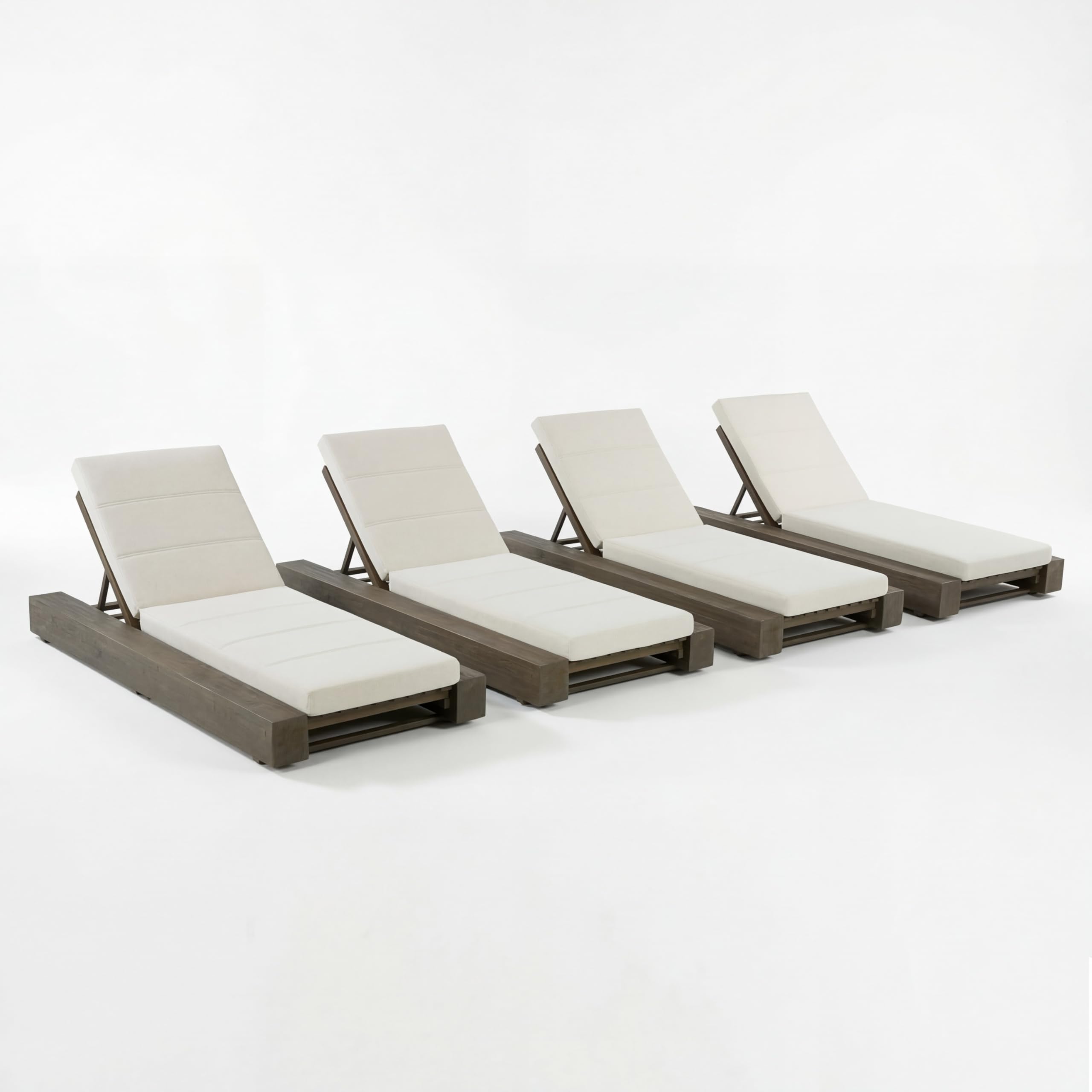 Christopher Knight Home Tory Acacia Wood Chaise Lounge Chair Outdoor Set of 4, Poolside Sun Lounger Recliner, Patio Outdoor Chaise Lounge with Cushions, Adjustable Backrest Lounge Sofa, Grey+Beige