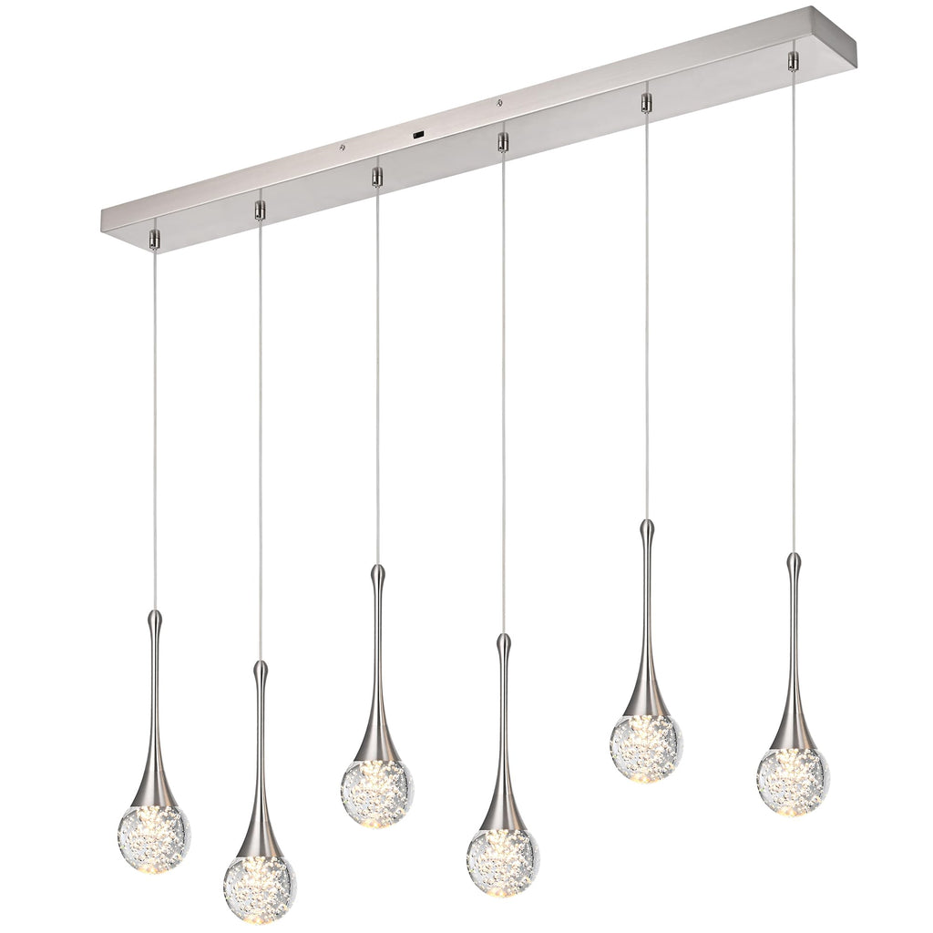 VINLUZ 6-Light Rectangle Brushed Nickel Crystal Chandelier, Dimmable LED Bubble Raindrop Modern Pendant Lighting Fixture, Luxury Elegant Adjustable Spiral Ceiling Light for Entryway Living Room Island