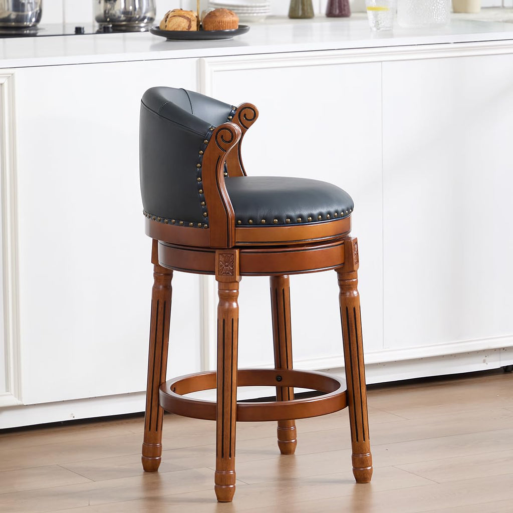 GDFStudio Cow Top Leather Wooden Bar Stool with Backrest, 360 Degree Swivel Counter Height Bar Stool, Upholstered Solid Wood Rustic Farmhouse Bar Chair for Kitchen Island Home Bar Dining, New Blue 26"
