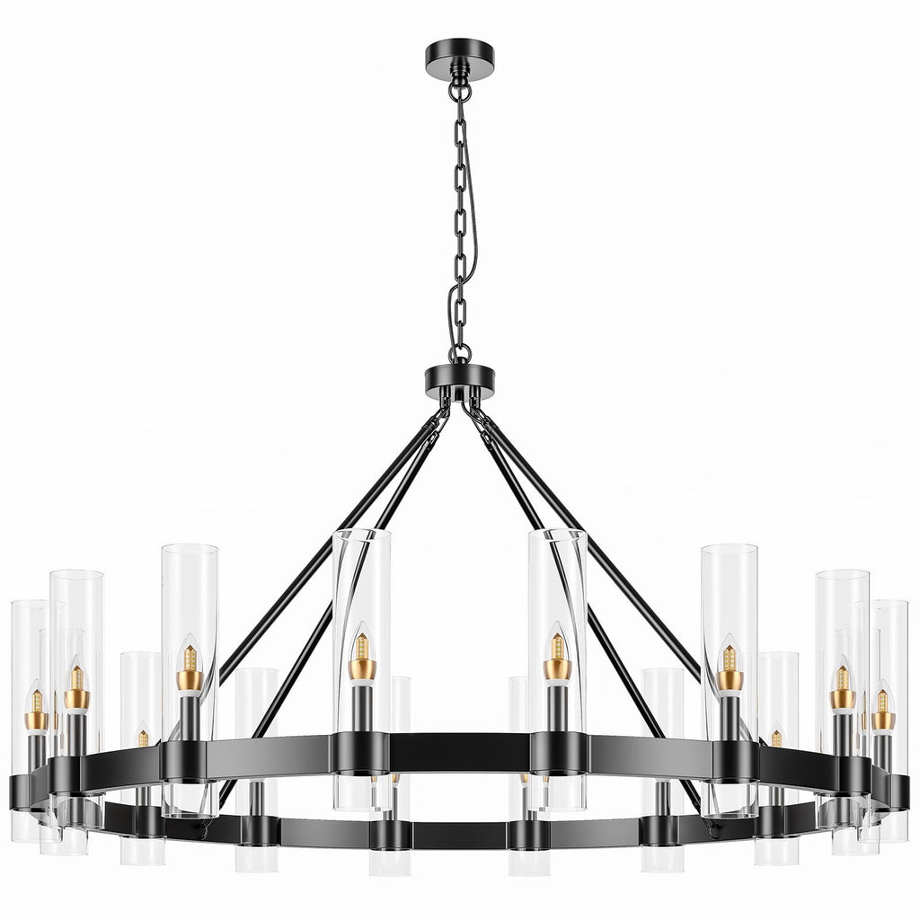 AEULYTIR 48 Inch Black Wagon Wheel Chandelier with Glass Shade, 16 Lights, Modern Farmhouse Style, Ideal for Dining Room, Kitchen, Entryways