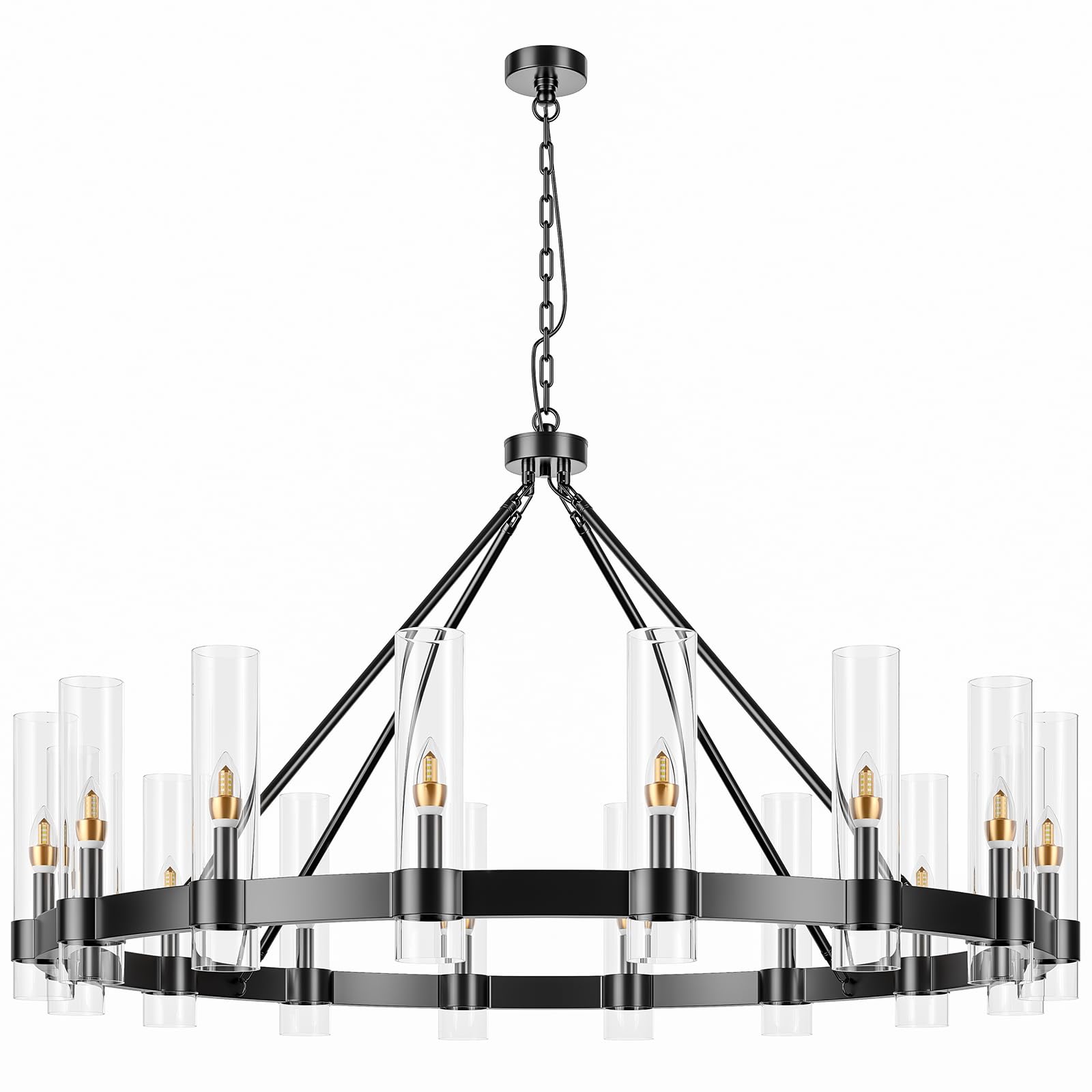 AEULYTIR 48 Inch Black Wagon Wheel Chandelier with Glass Shade, 16 Lights, Modern Farmhouse Style, Ideal for Dining Room, Kitchen, Entryways