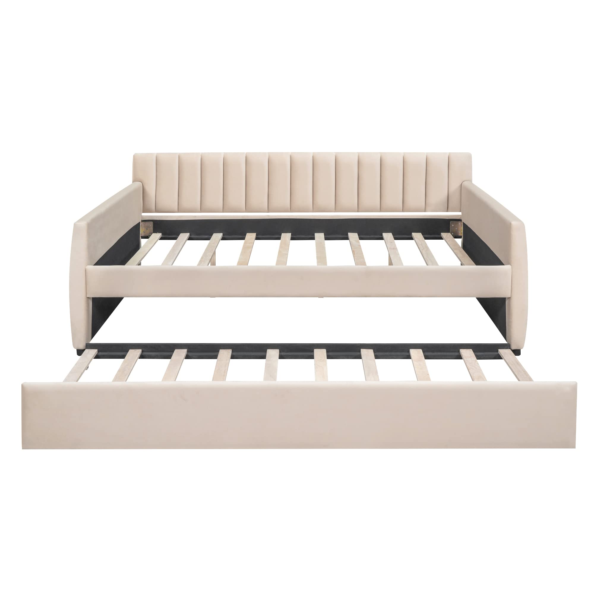 Favfurish Velvet Upholstered Full Size Daybed with Trundle, Solid Wooden Sofa Bed Frame w/Vertical Stripes Designed Backrest and Pine Legs, No Box Spring Needed
